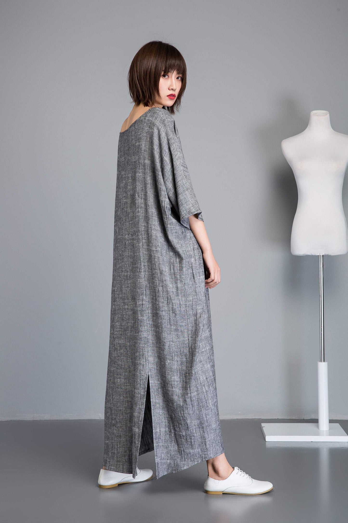 Linen dress, gray maxi dress, short sleeve dress, plus size dress, oversized linen dress, woman dresses, asymmetrical linen dress C1240