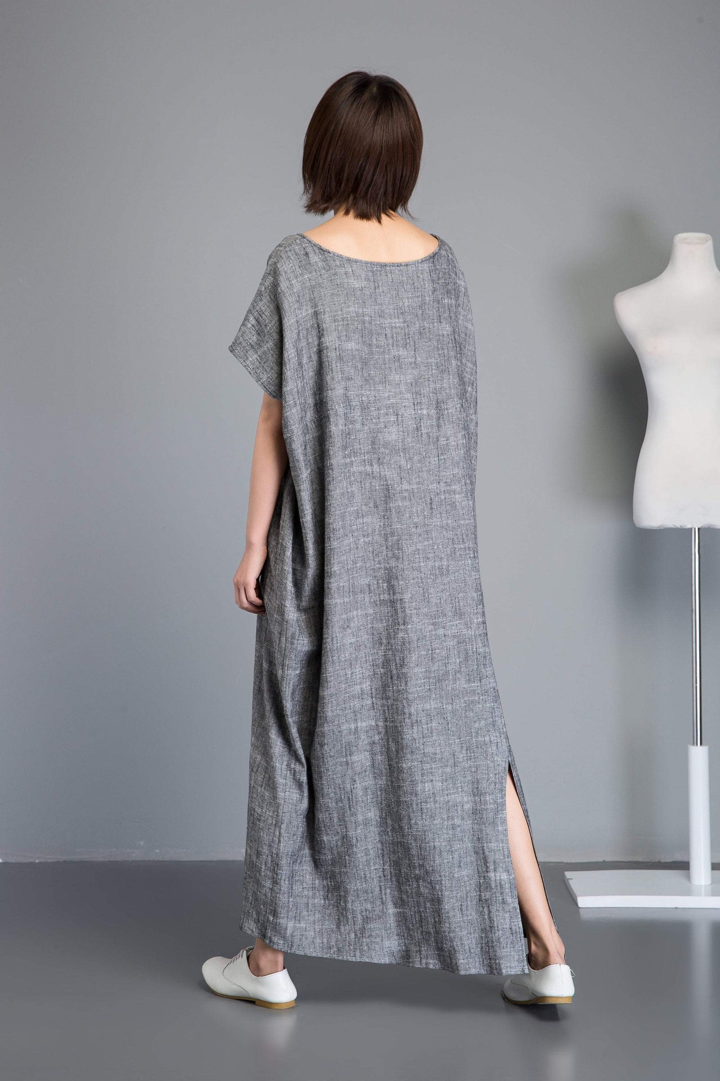 Linen dress, gray maxi dress, short sleeve dress, plus size dress, oversized linen dress, woman dresses, asymmetrical linen dress C1240