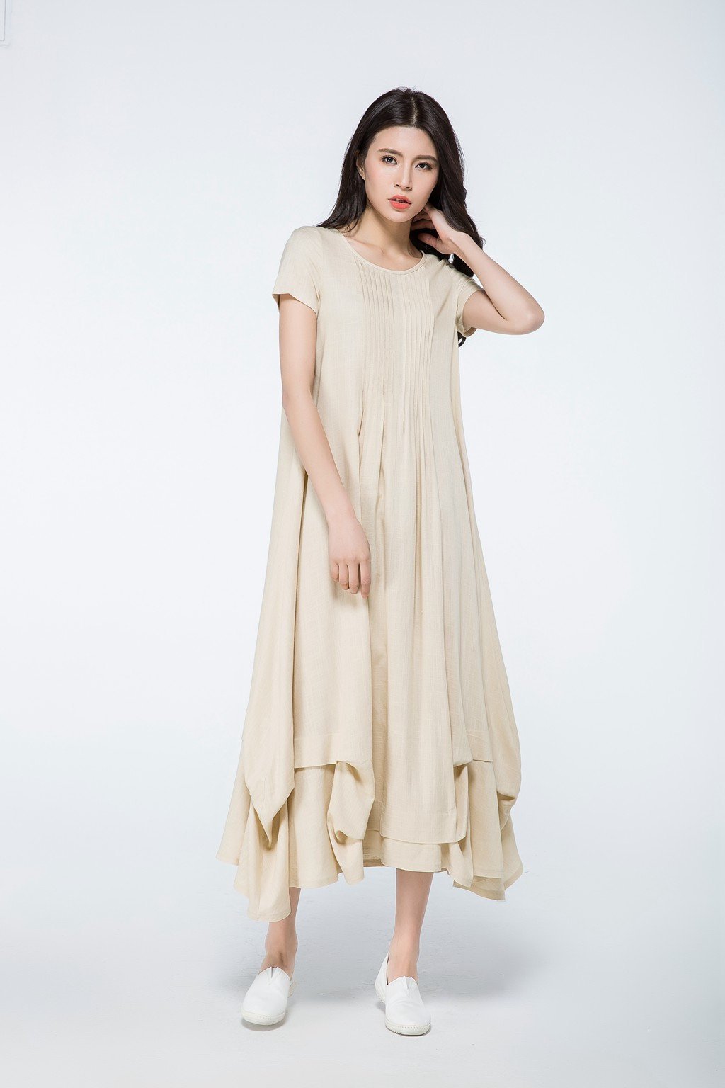 beige long linen loose dress C1071, Size US 2 #yy03420