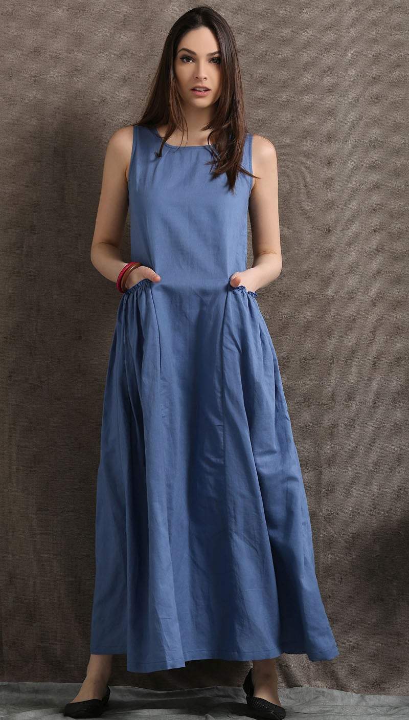 Maxi Linen Dress - Blue Long Casual Comfortable Sleeveless Women's Summer Dress with 2 Large Pockets C426