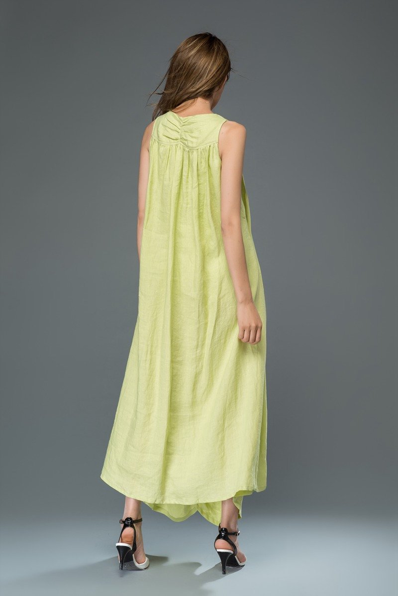 lime green linen dress, linen dress, long linen dress, maxi dress, sleeveless dress, womens dress C920