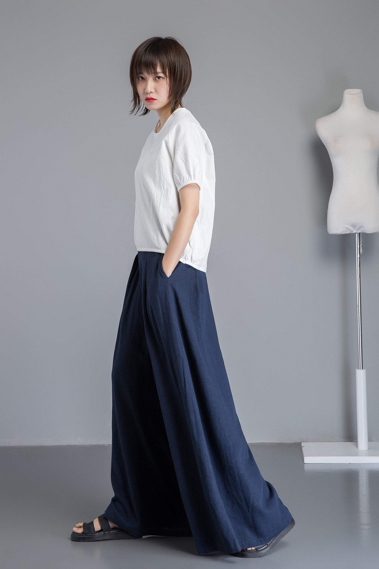 Blue linen pants, winde leg linen pants for womens, loose and casual bule linen pants for summer, handmade plus size linen pants C1265