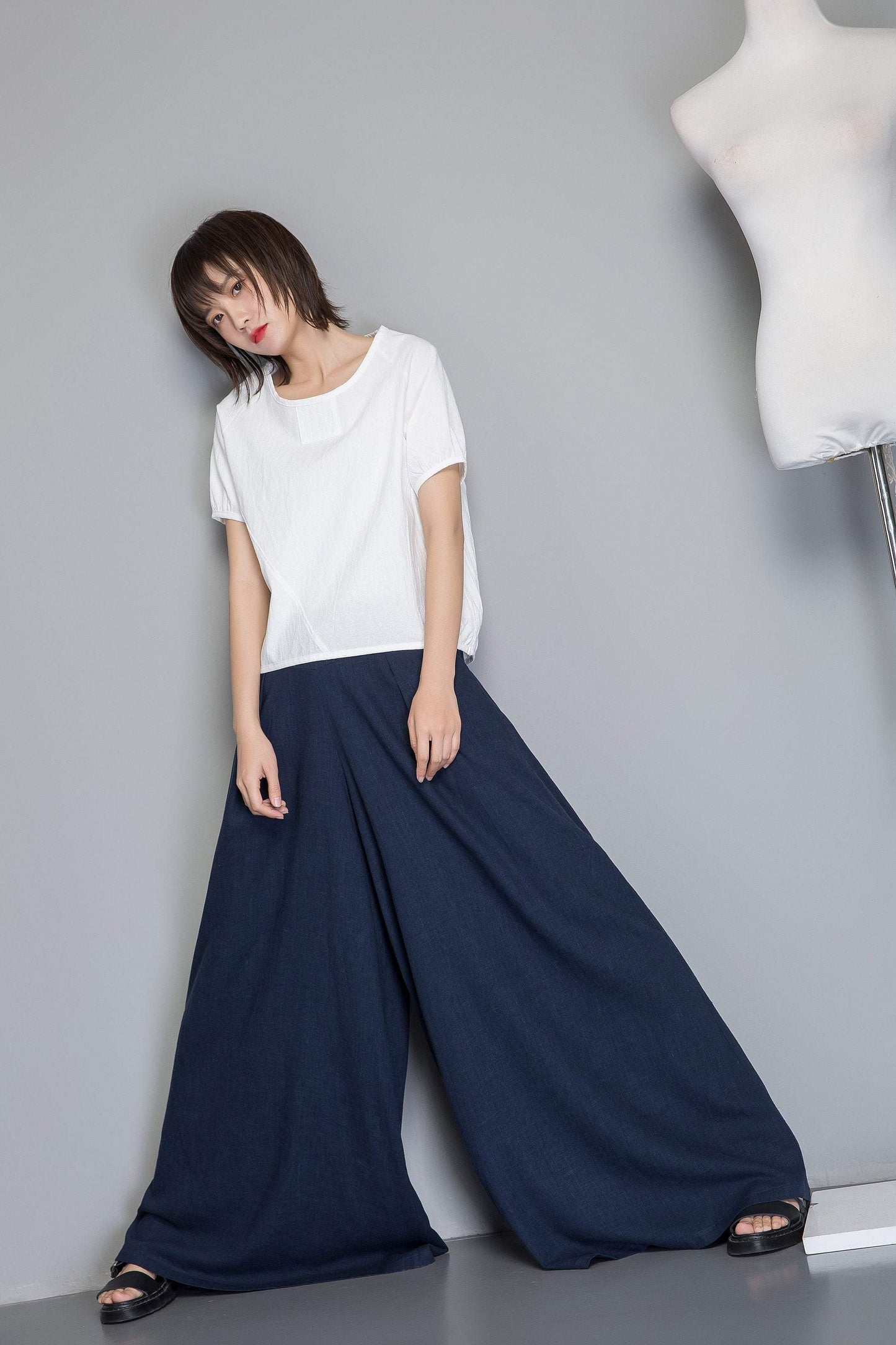 Blue linen pants, winde leg linen pants for womens, loose and casual bule linen pants for summer, handmade plus size linen pants C1265