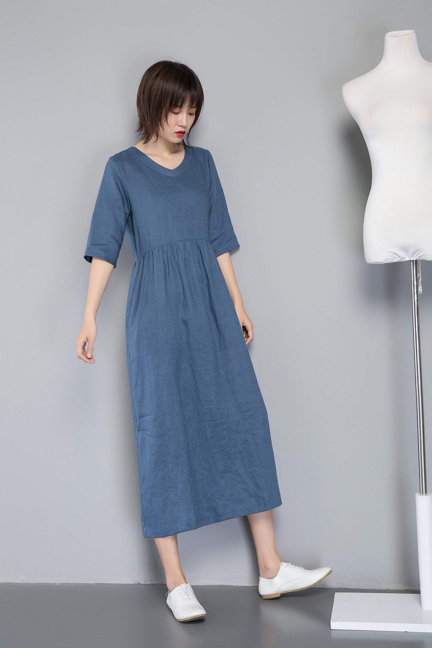Blue linen dress womens long linen dress with pockets C4800