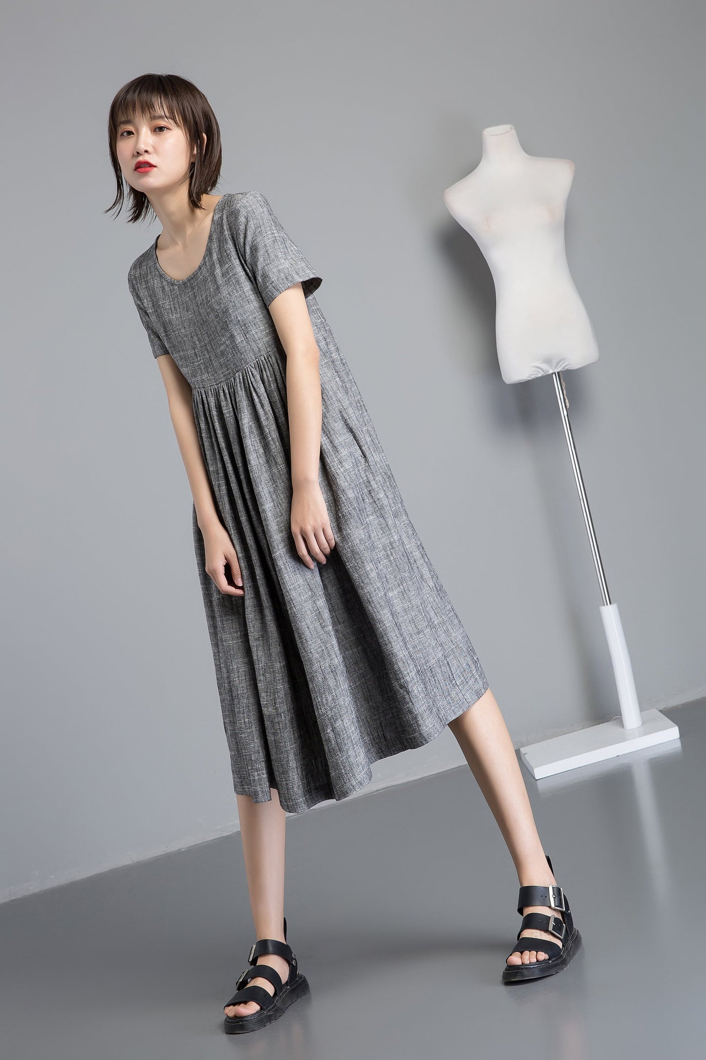 short sleeve linen midi dress C1254#