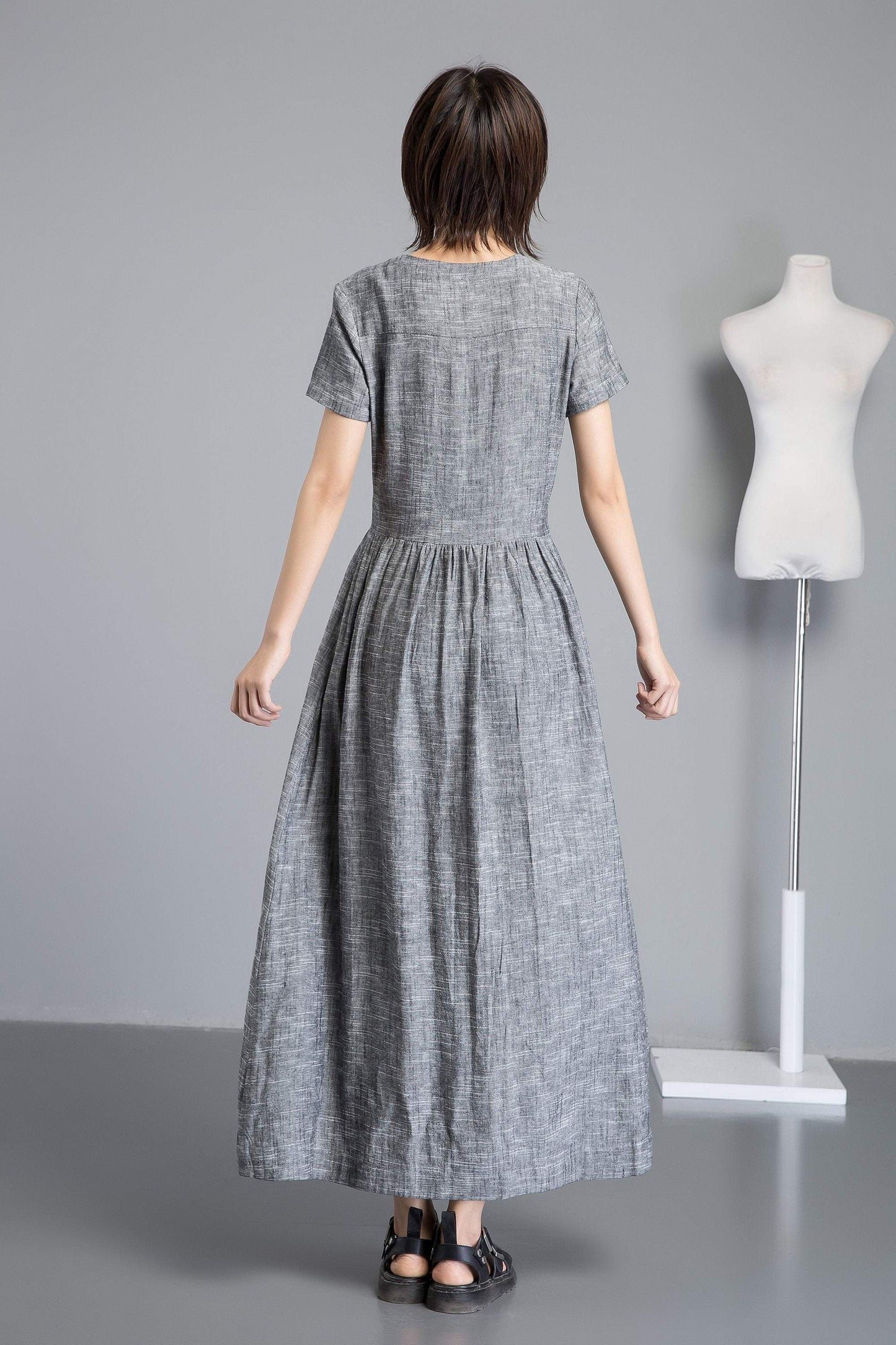 Gray pleated & buttons Long linen dress C1252