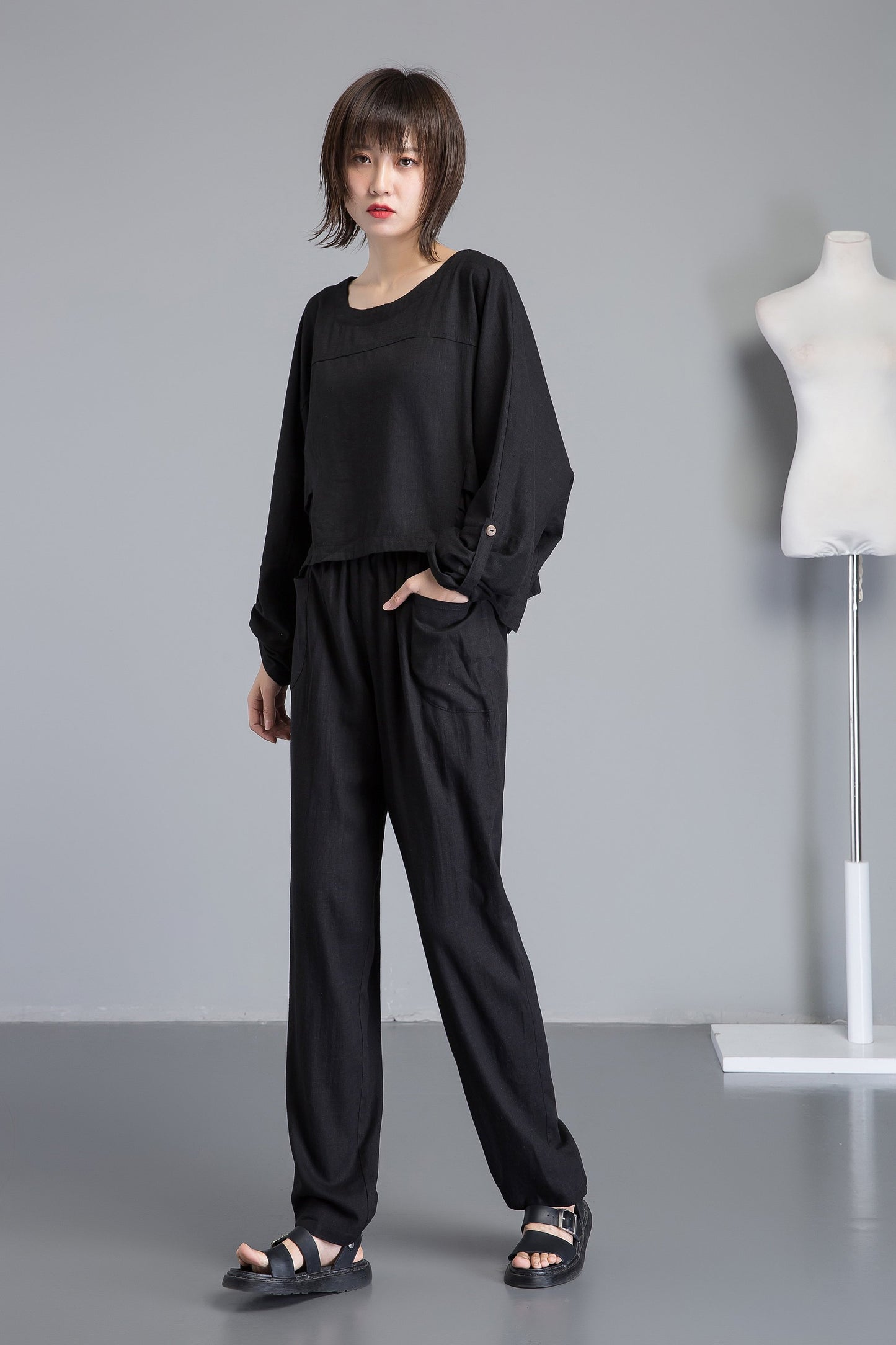 black long linen pants with pocket C1263