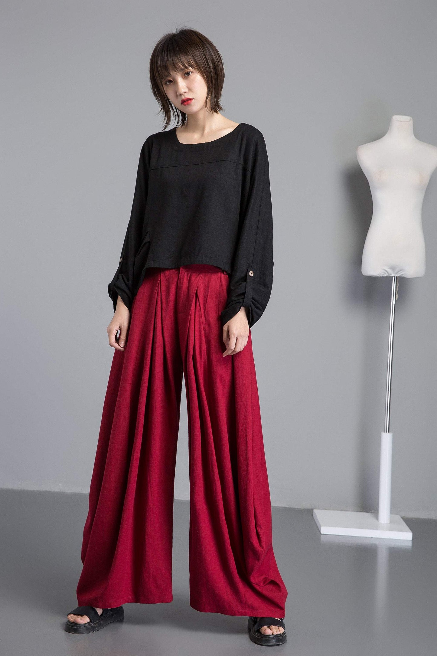 Red linen pants, long linen pants with pockets, handmade fashion wide leg pants, loose and casual pants for elegant women C1261