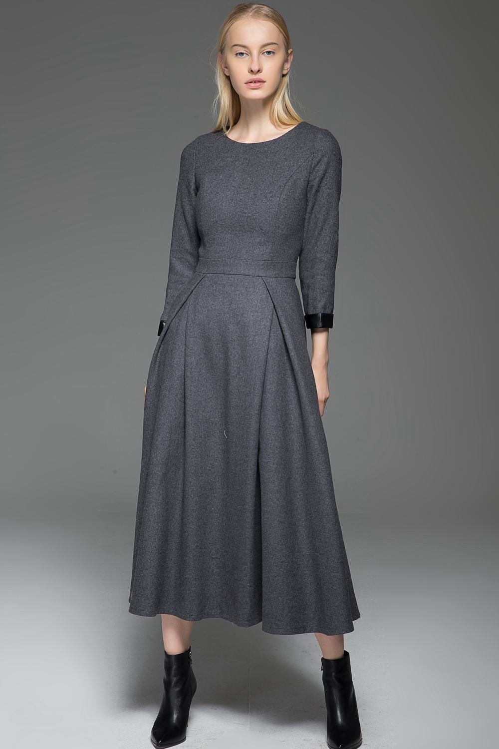 Gray Wool Dress, Classic Long Fitted Tailored Warm Winter Dress with Long Sleeves Round Neck & Black Leather Cuffs C780