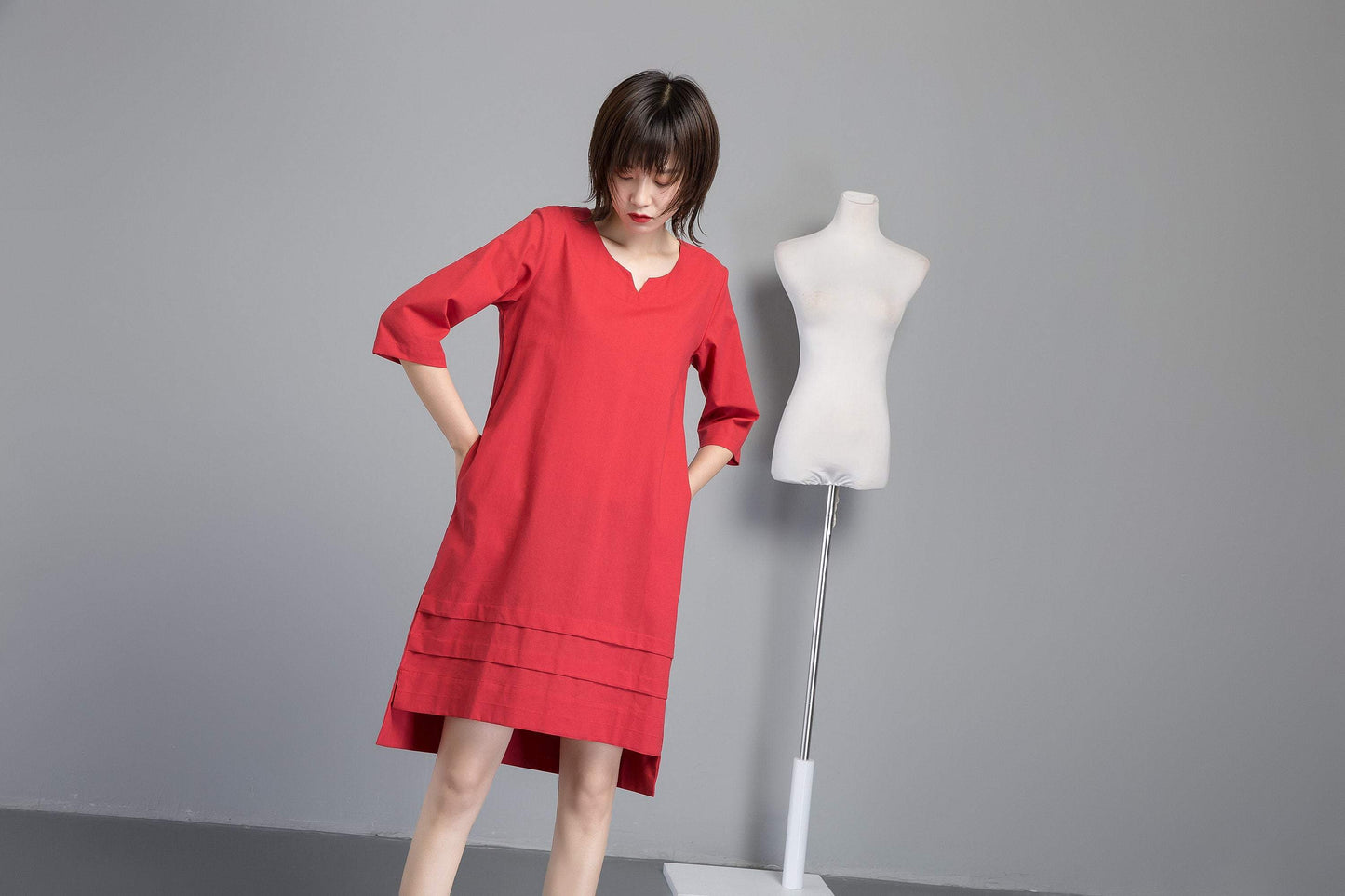 summer women linen dress with loose waist C4803