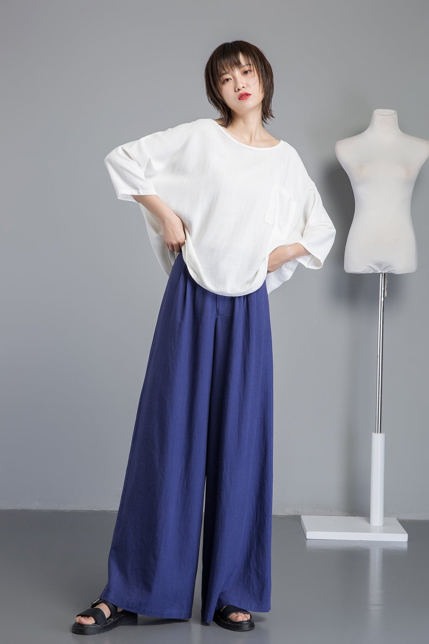 Blue linen pants, wide leg pants for elegant women, long blue linen pants for summer, custom plus size loose and casual pants C1266