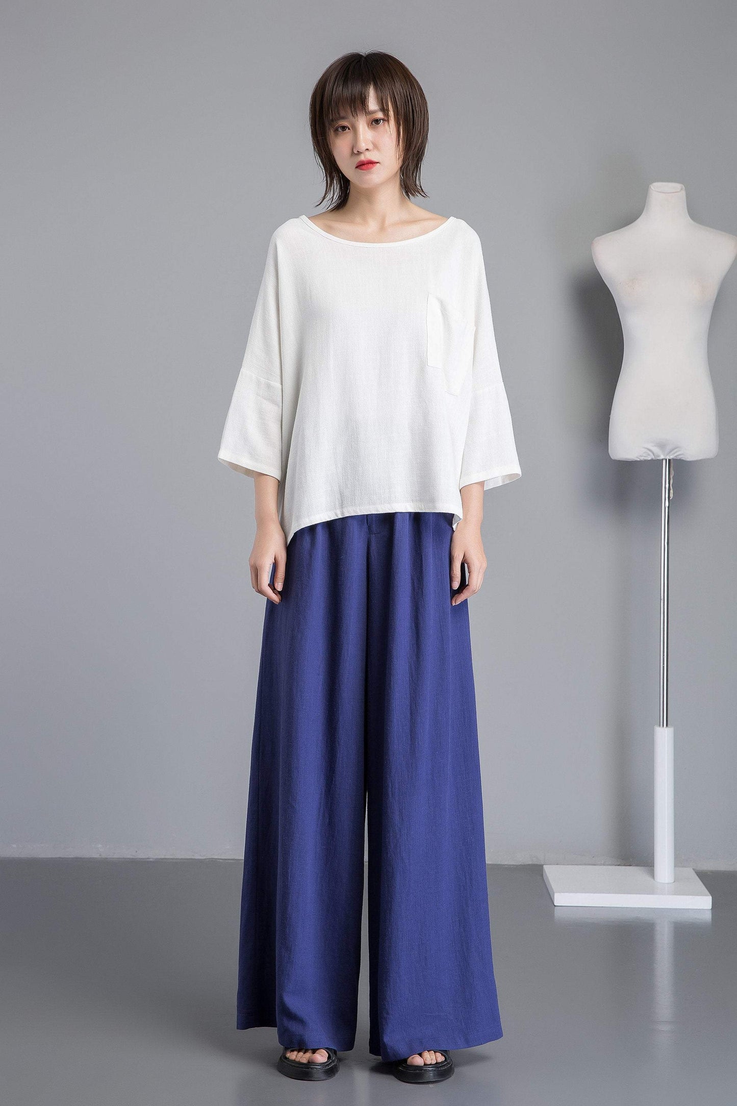 Blue linen pants, wide leg pants for elegant women, long blue linen pants for summer, custom plus size loose and casual pants C1266