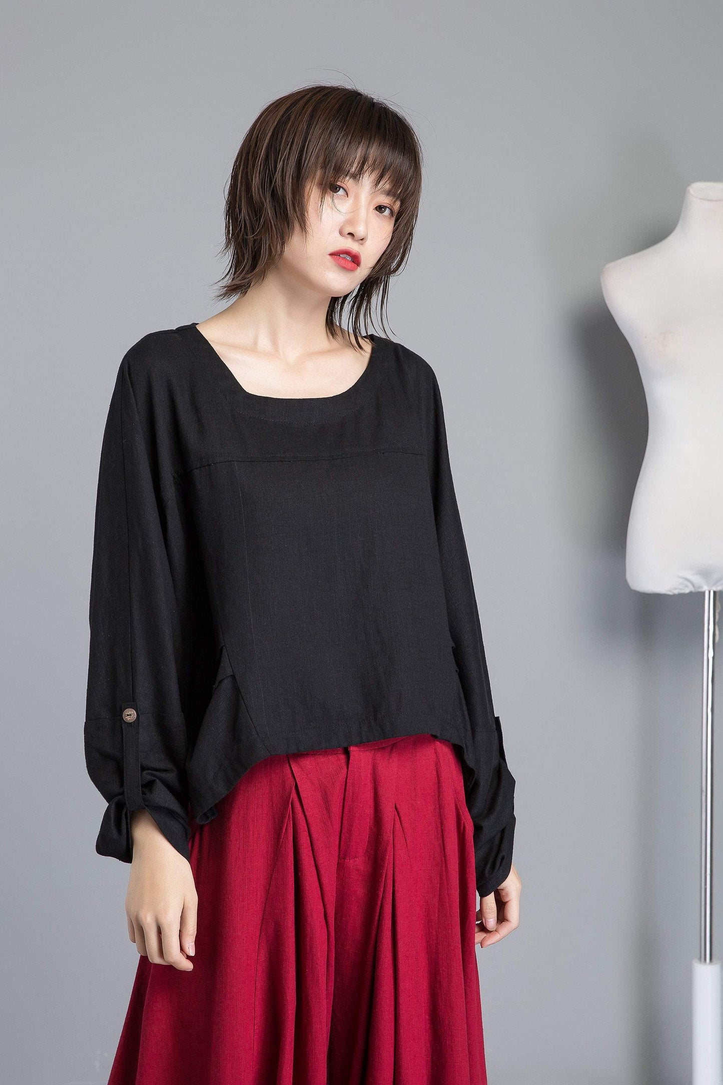 black linen top, loose and casual linen top, asymmetrical top & adjustable sleeve length, custom plus size top for summer C1269