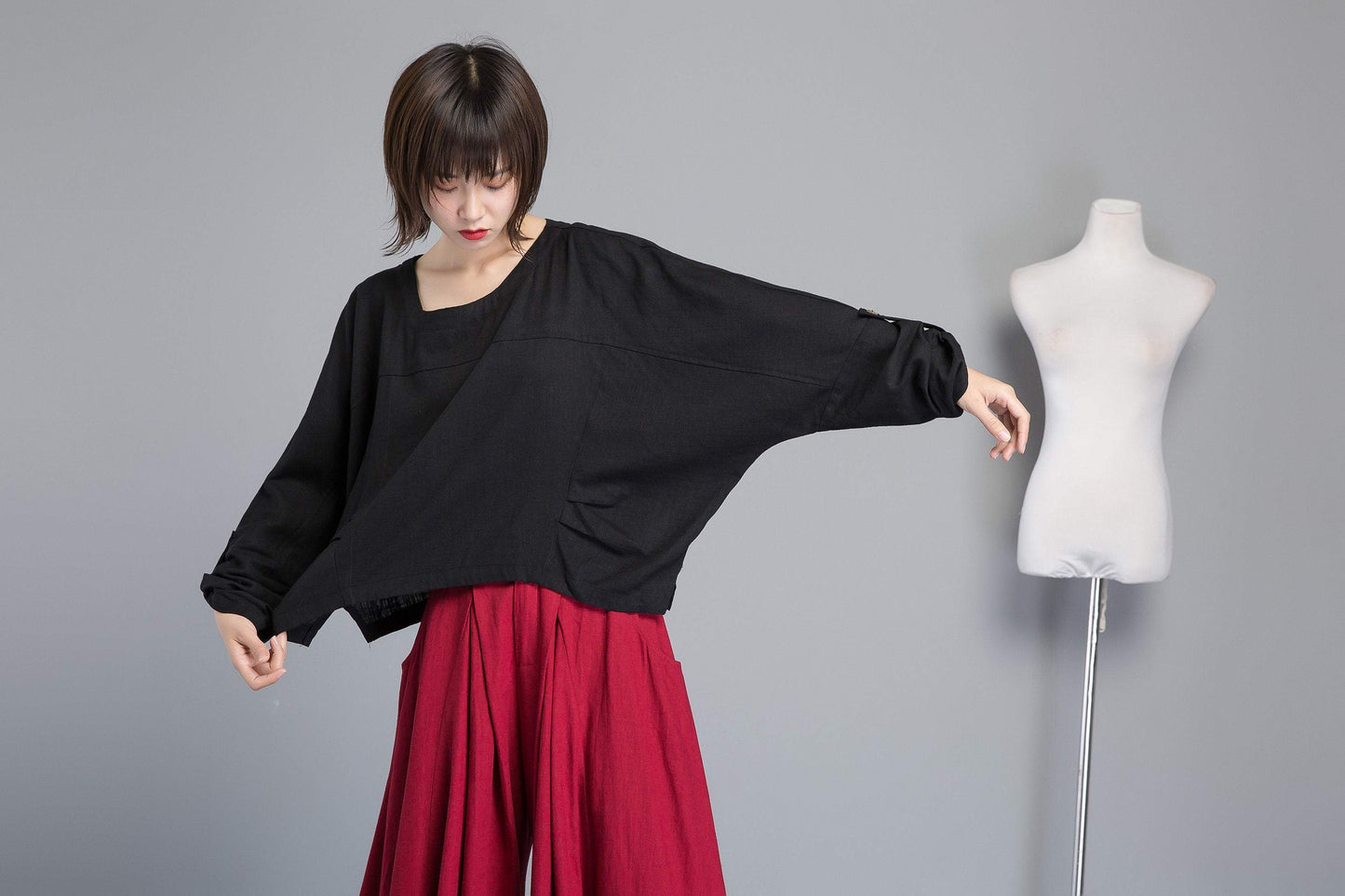 black linen top, loose and casual linen top, asymmetrical top & adjustable sleeve length, custom plus size top for summer C1269