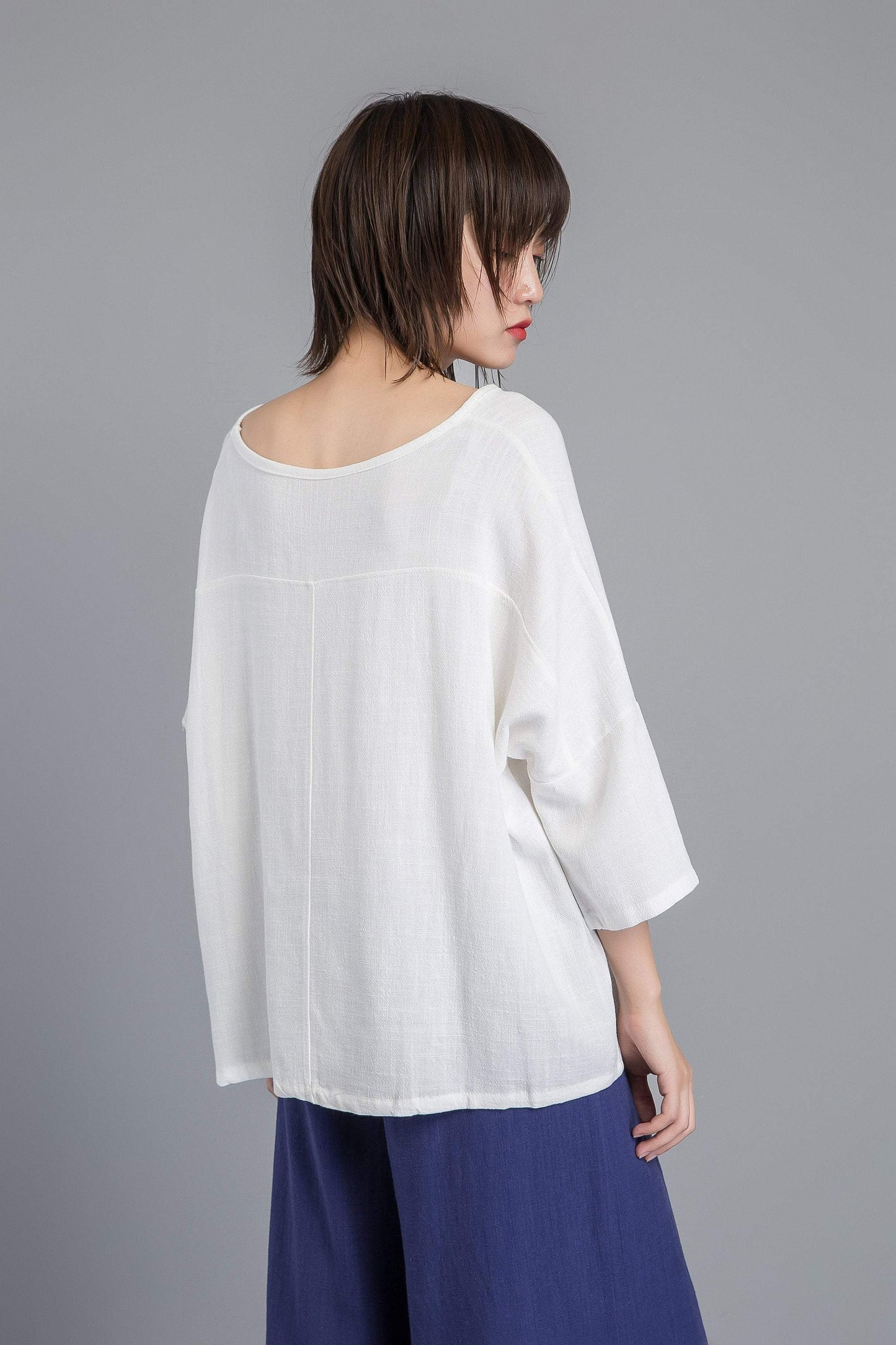 white linen blouse, women blouse with sleeve, loose & casual linen blouse, white linen top for summer - plus size blouse for lady C1270