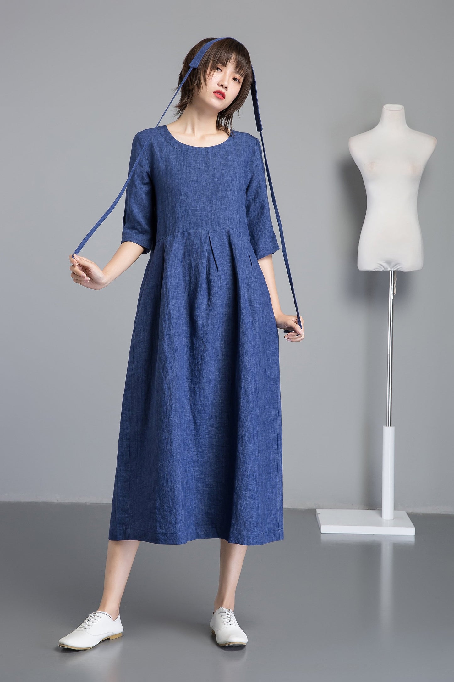 Handmade fashion blue casual linen dress C1257