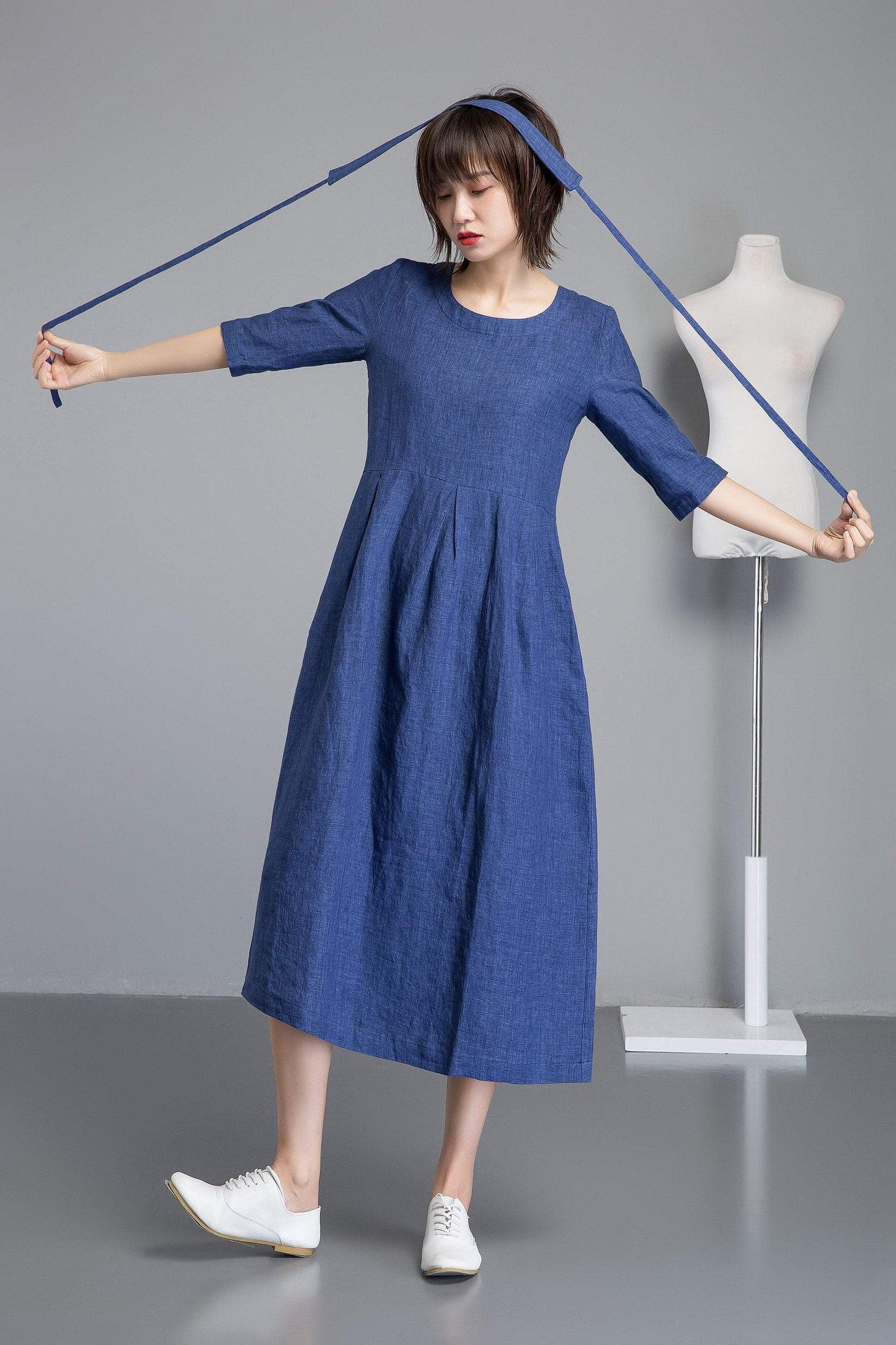 Handmade fashion blue casual linen dress C1257