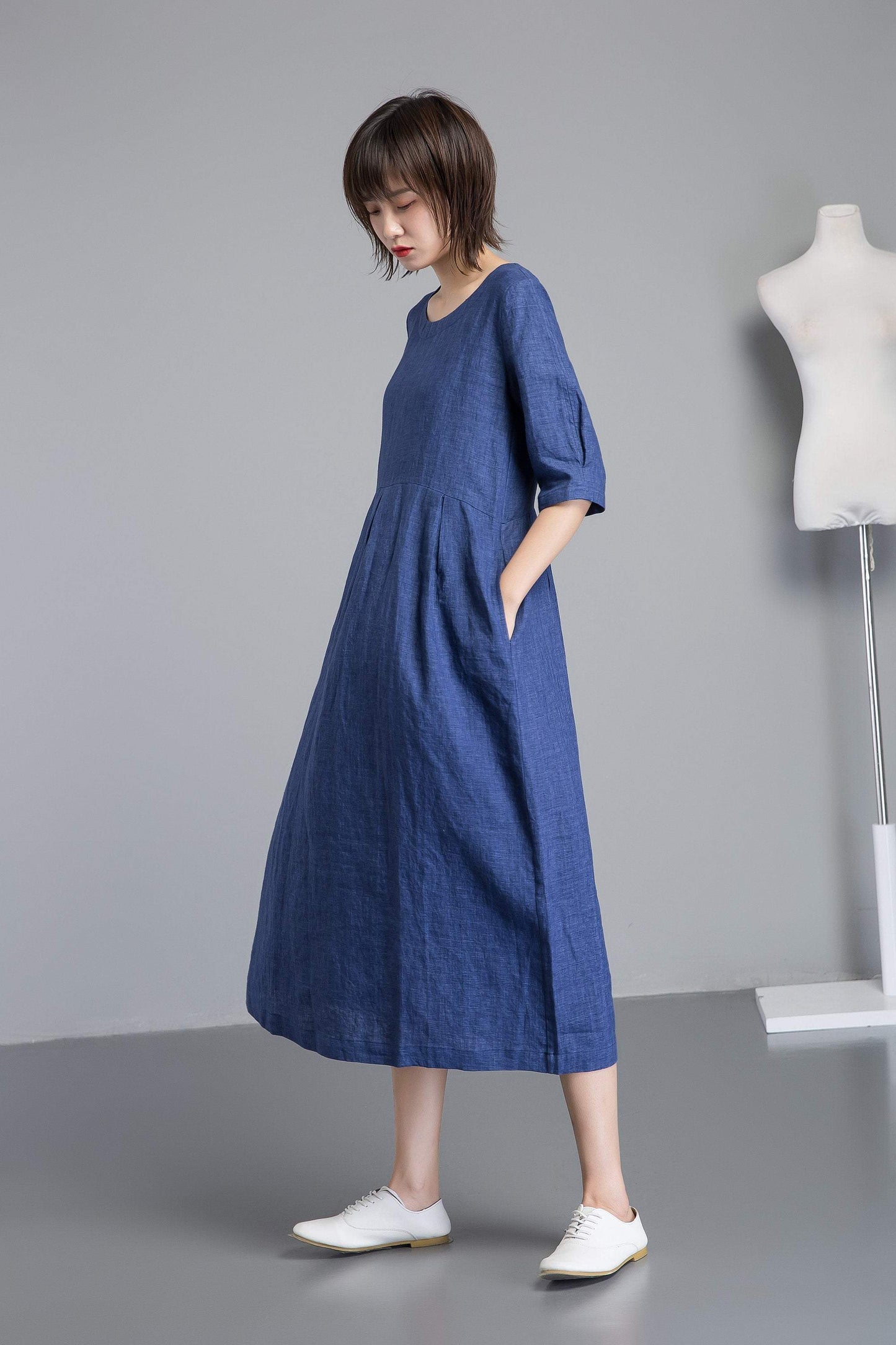 Handmade fashion blue casual linen dress C1257