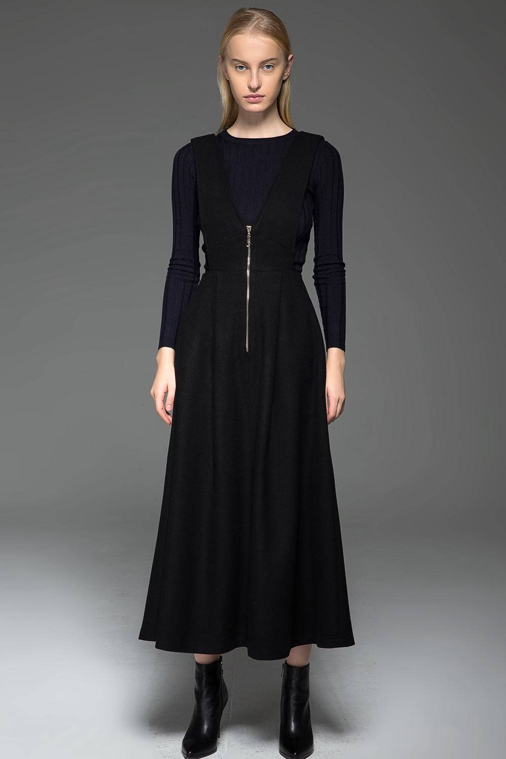 Black wool dress, Black pinafore dress, midi dress pockets, winter dress, womens long dress, zipper dress, pleated dress , custom dress C776
