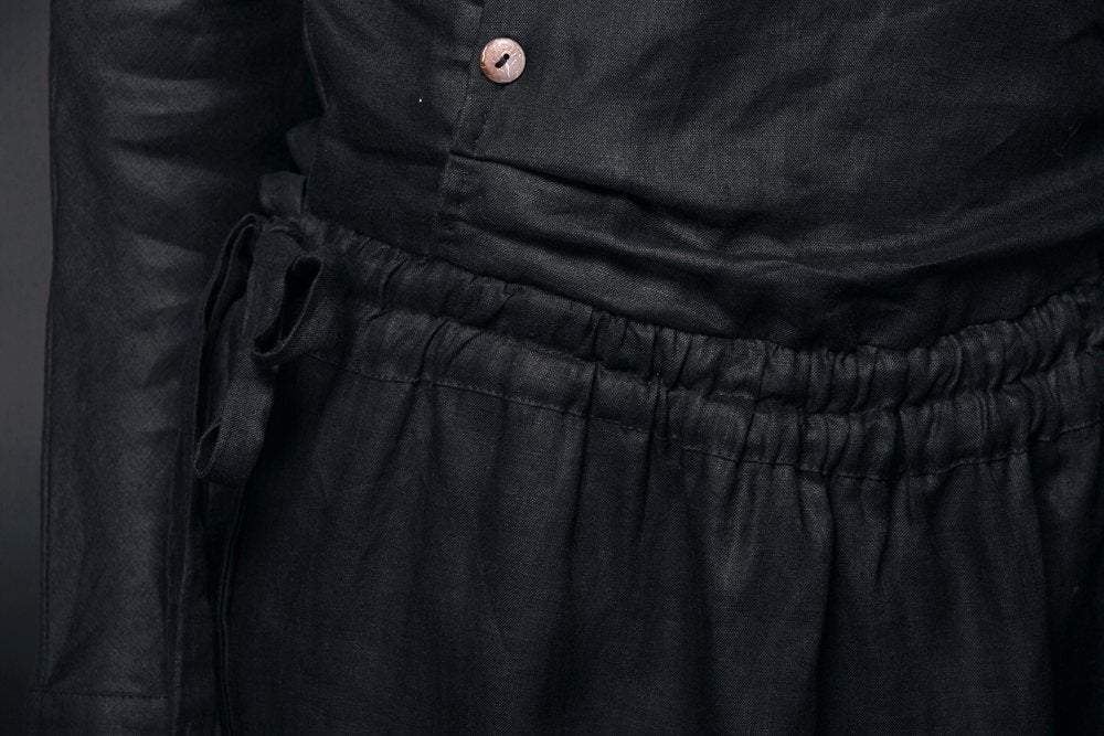 Modern Linen Dress, maxi dress pockets, womens dresses, black dress, Drawstring dress, long sleeved dress, fall dress, handmade dress(C507)