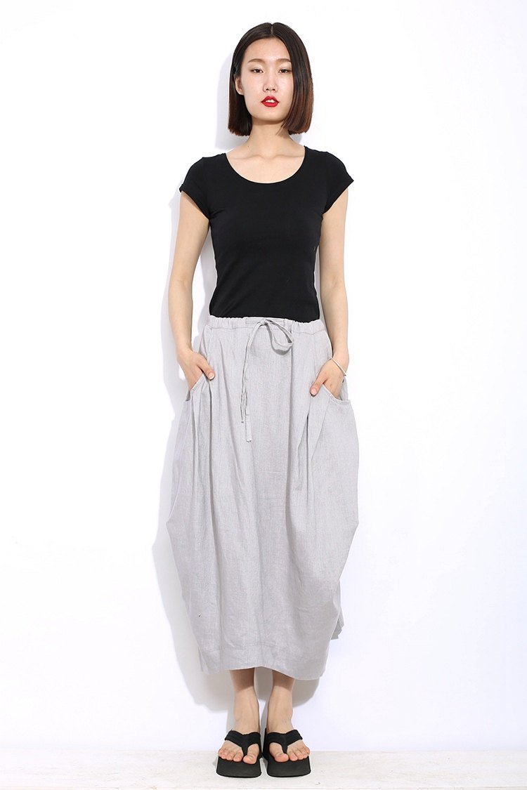 Modern Linen Skirt - Gray Handmade Designer Contemporary Everyday Casual Woman's Skirt with Drawstring Waist Plus Size (C326)