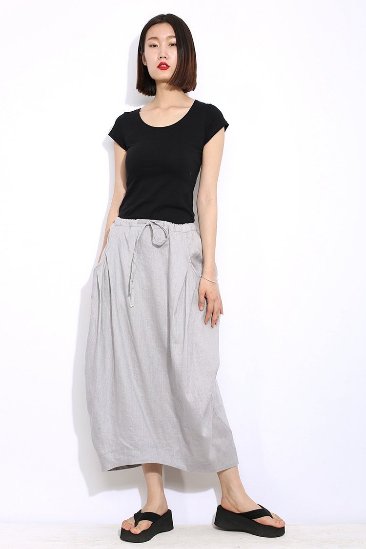 Modern Linen Skirt - Gray Handmade Designer Contemporary Everyday Casual Woman's Skirt with Drawstring Waist Plus Size (C326)