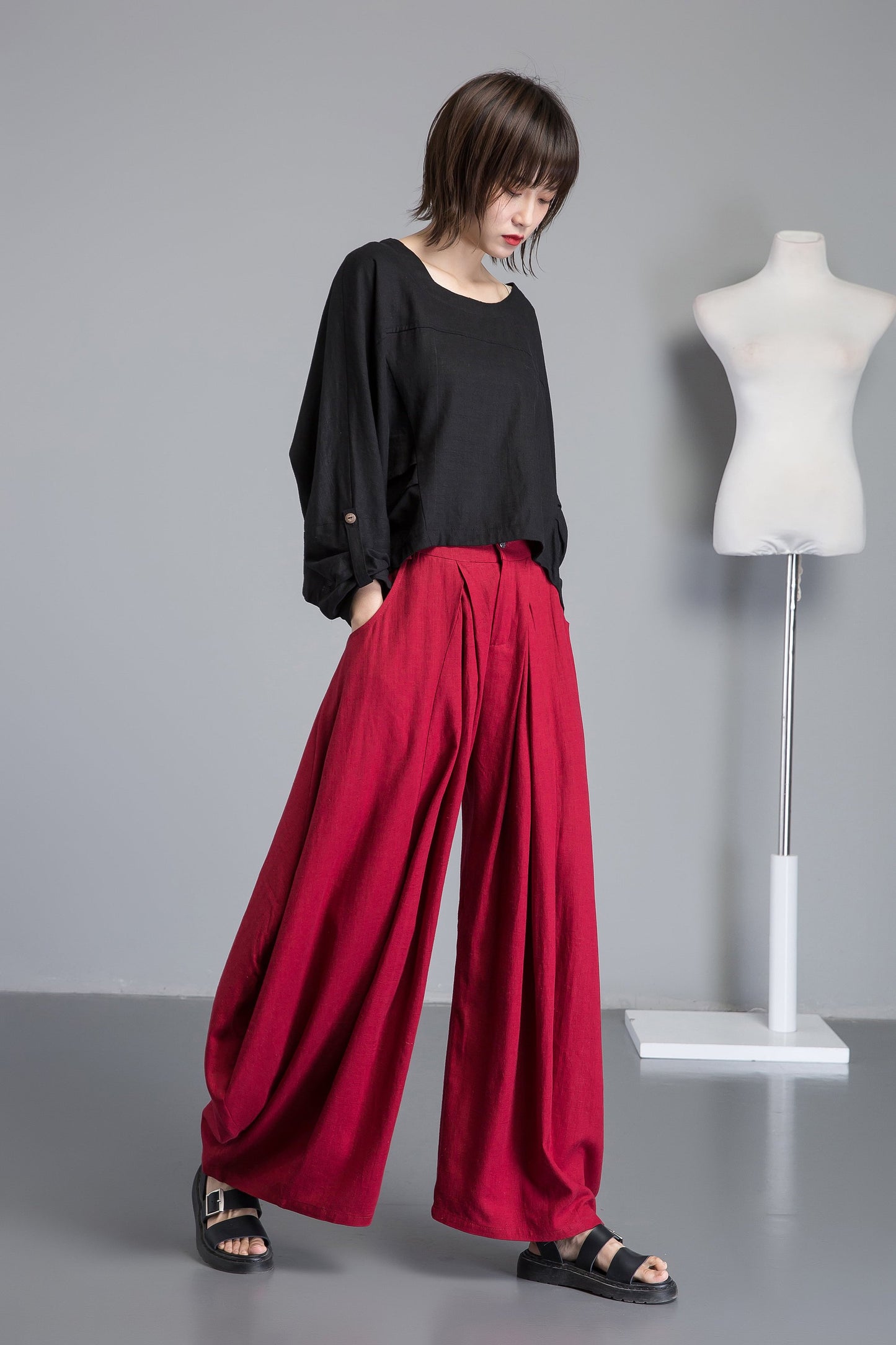 Red linen pants, long linen pants with pockets, handmade fashion wide leg pants, loose and casual pants for elegant women C1261