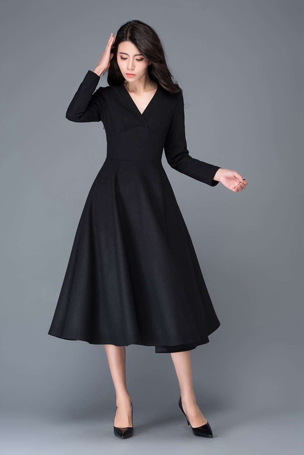 Black Wool Midi Dress - Flared Silhouette with V-Neck Collar C1027 - Black / XL Black Wool Midi Dress - Flared Silhouette with V-Neck Collar C1027 - Black / XL