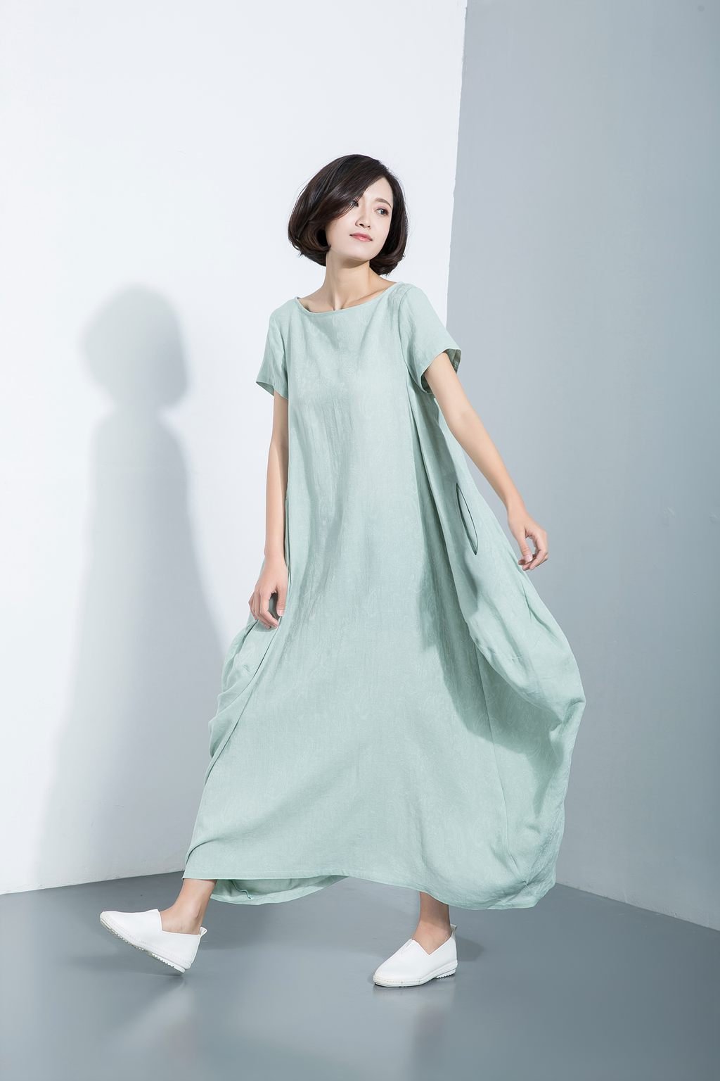 Long cotton dress, short sleeve dress, loose-fitting dress, asymmetrical designer dress, dress with pockets, casual dress C1114