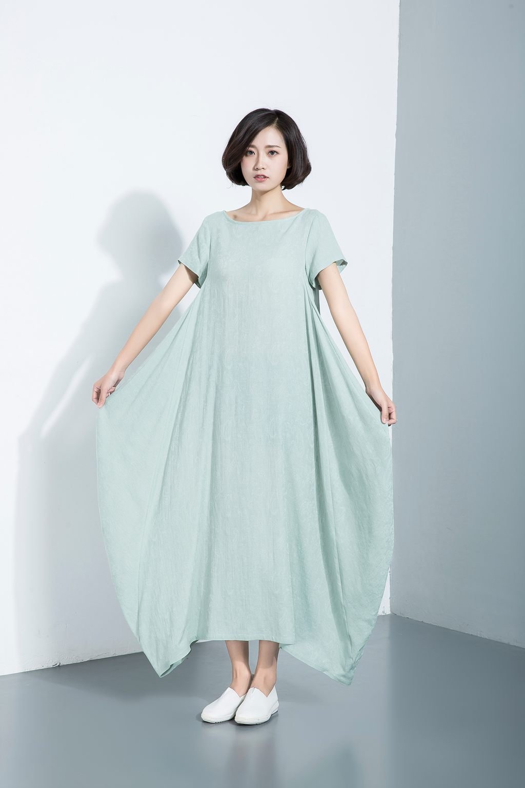 Long cotton dress, short sleeve dress, loose-fitting dress, asymmetrical designer dress, dress with pockets, casual dress C1114