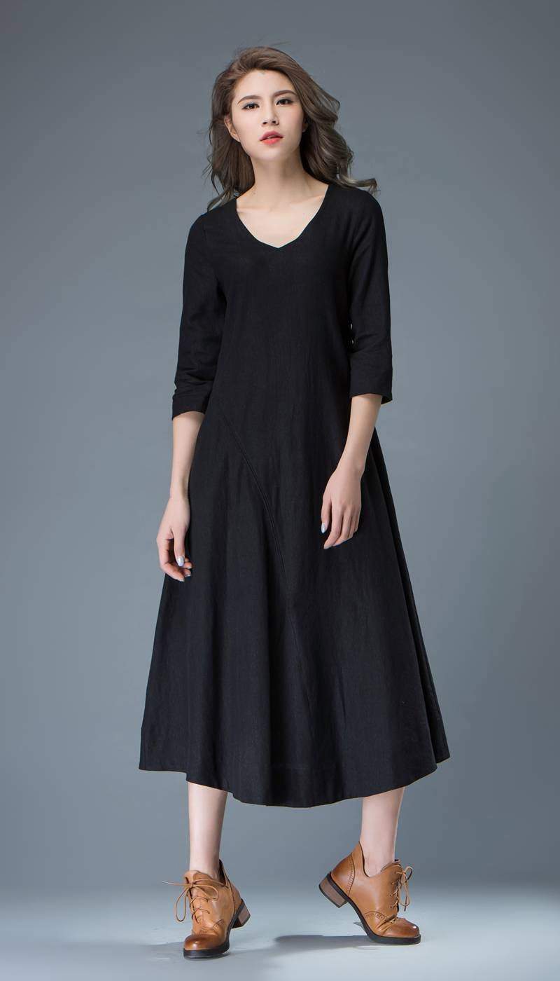 Black Linen Dress - Casual Everyday Comfortable Loose-Fitting Contemporary Mid-Length Woman's Handmade Dress C838
