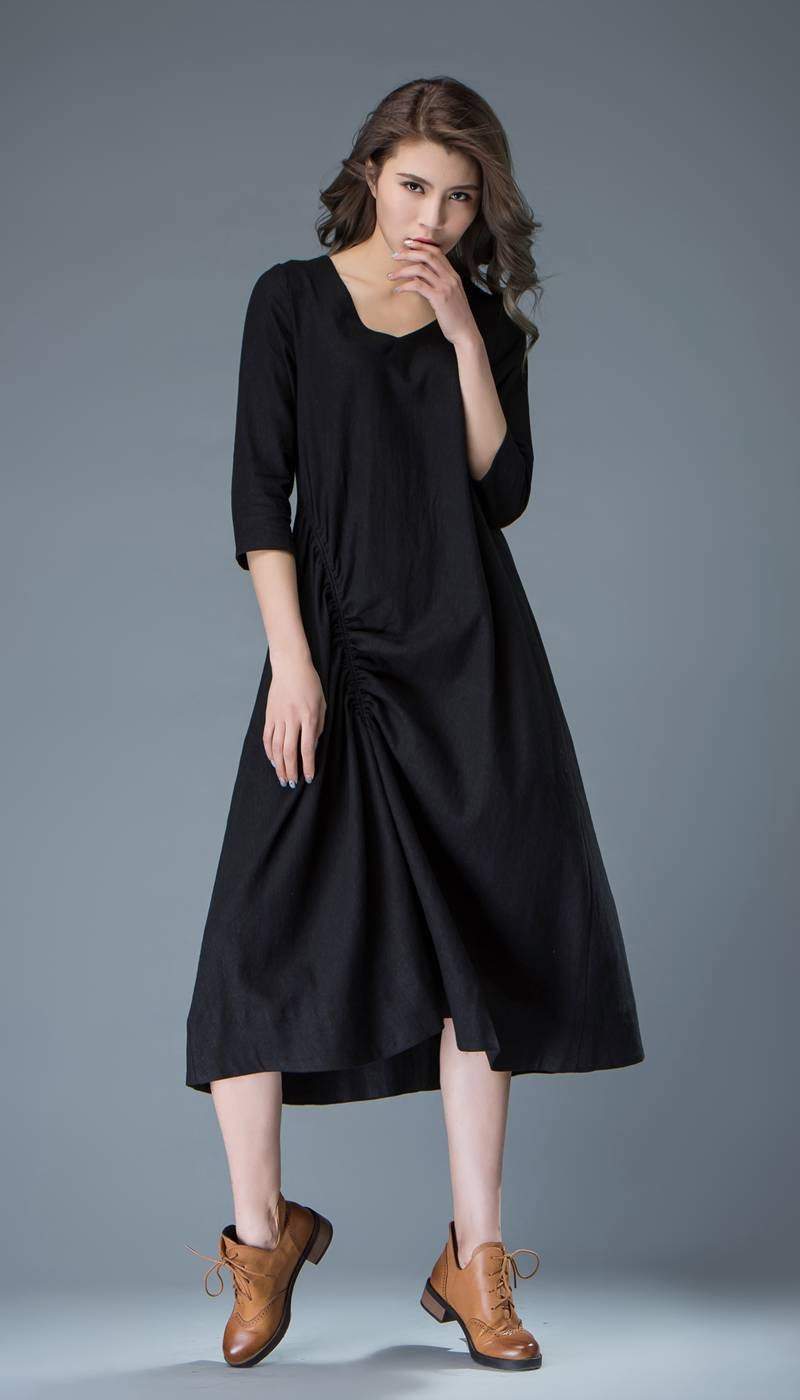 Black Linen Dress - Casual Everyday Comfortable Loose-Fitting Contemporary Mid-Length Woman's Handmade Dress C838