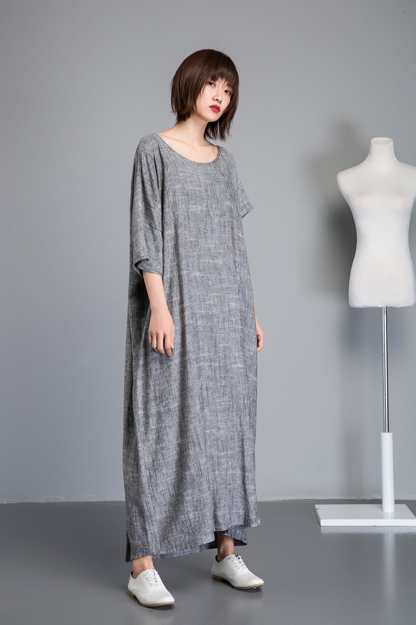 Linen dress, gray maxi dress, short sleeve dress, plus size dress, oversized linen dress, woman dresses, asymmetrical linen dress C1240