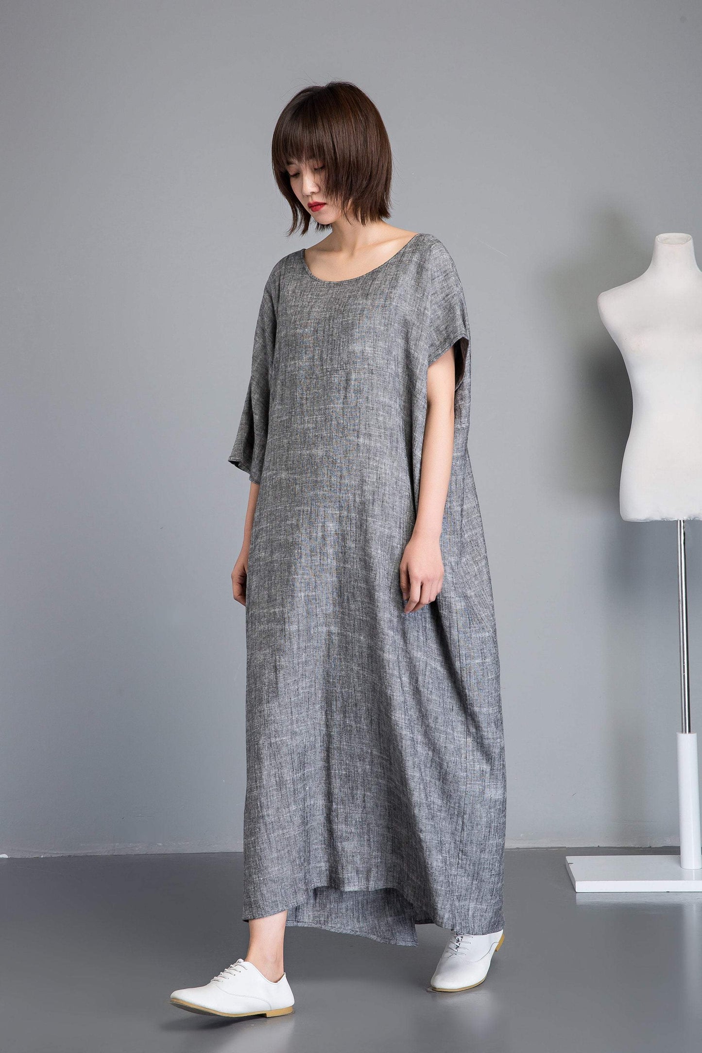 Linen dress, gray maxi dress, short sleeve dress, plus size dress, oversized linen dress, woman dresses, asymmetrical linen dress C1240