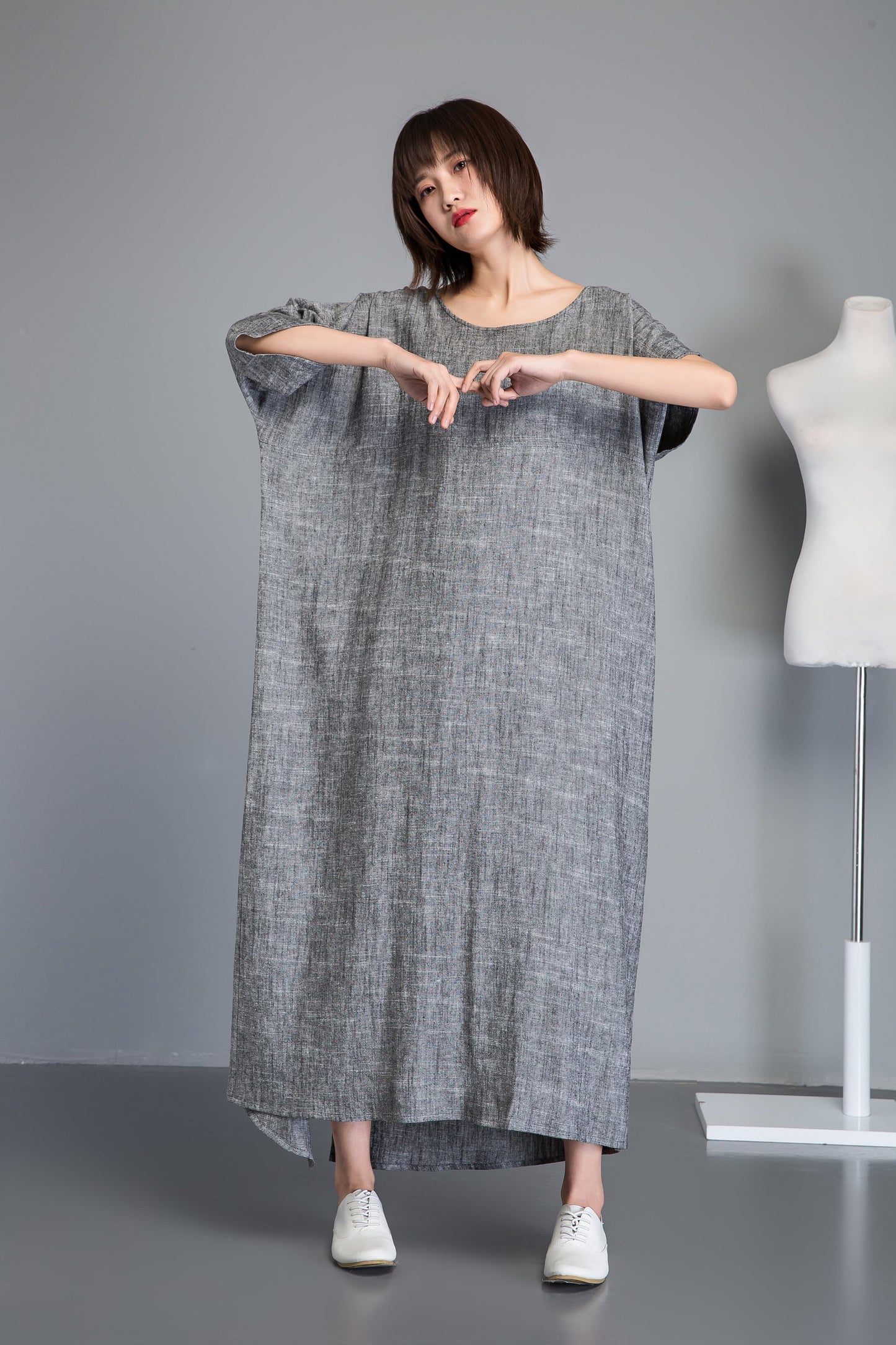 Linen dress, gray maxi dress, short sleeve dress, plus size dress, oversized linen dress, woman dresses, asymmetrical linen dress C1240