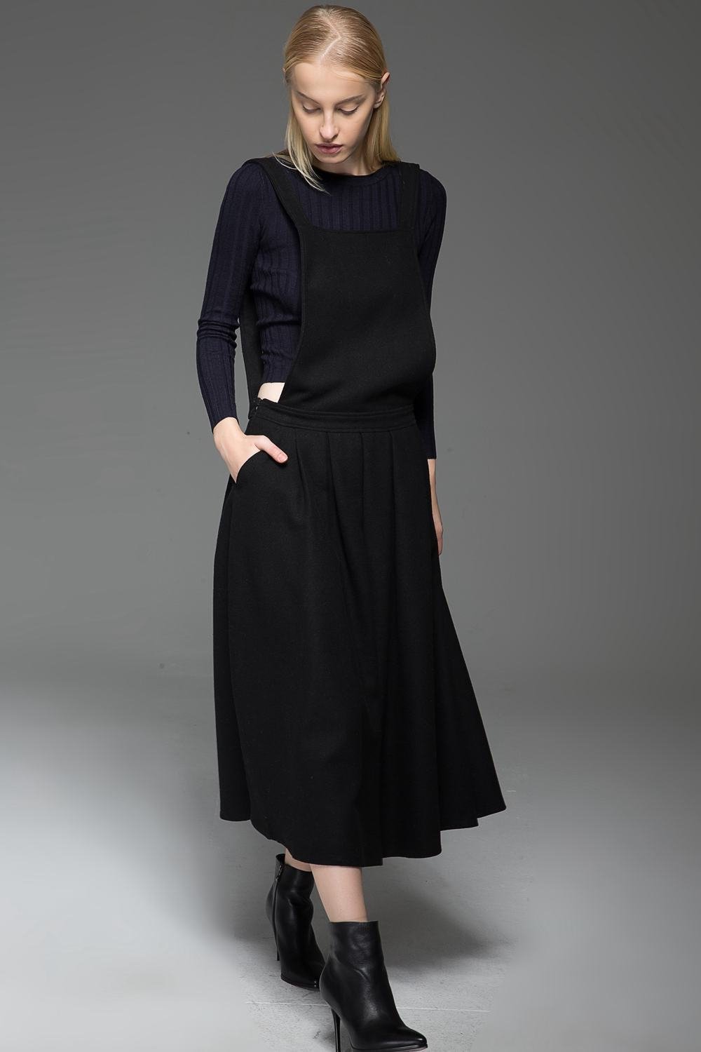 Black Dress, wool dress, Pinafore Wool Modern loose casual Midi Length Flared Skirt & Braces Straps Dress 2016 Fashion Season C777