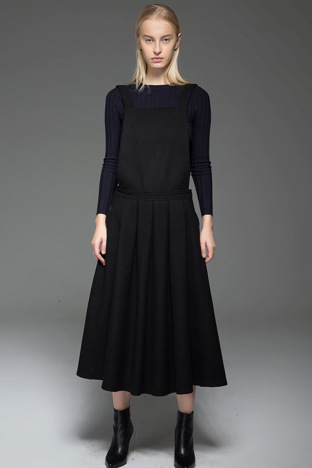 Black Dress, wool dress, Pinafore Wool Modern loose casual Midi Length Flared Skirt & Braces Straps Dress 2016 Fashion Season C777