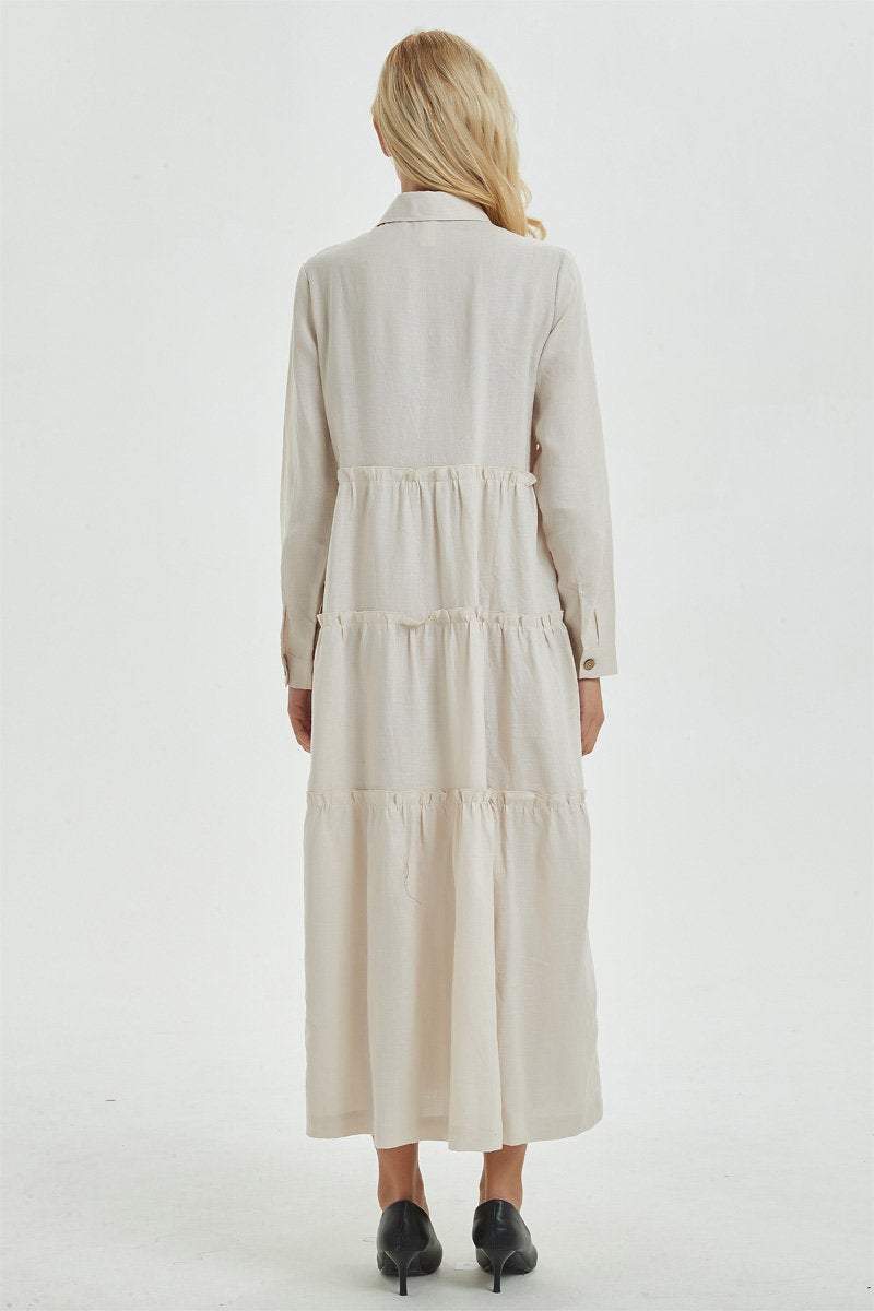 Beige linen dress with pockets, long dress with classic shirt collar & long sleeves, loose and casual dress, maxi retro dress for her C1274