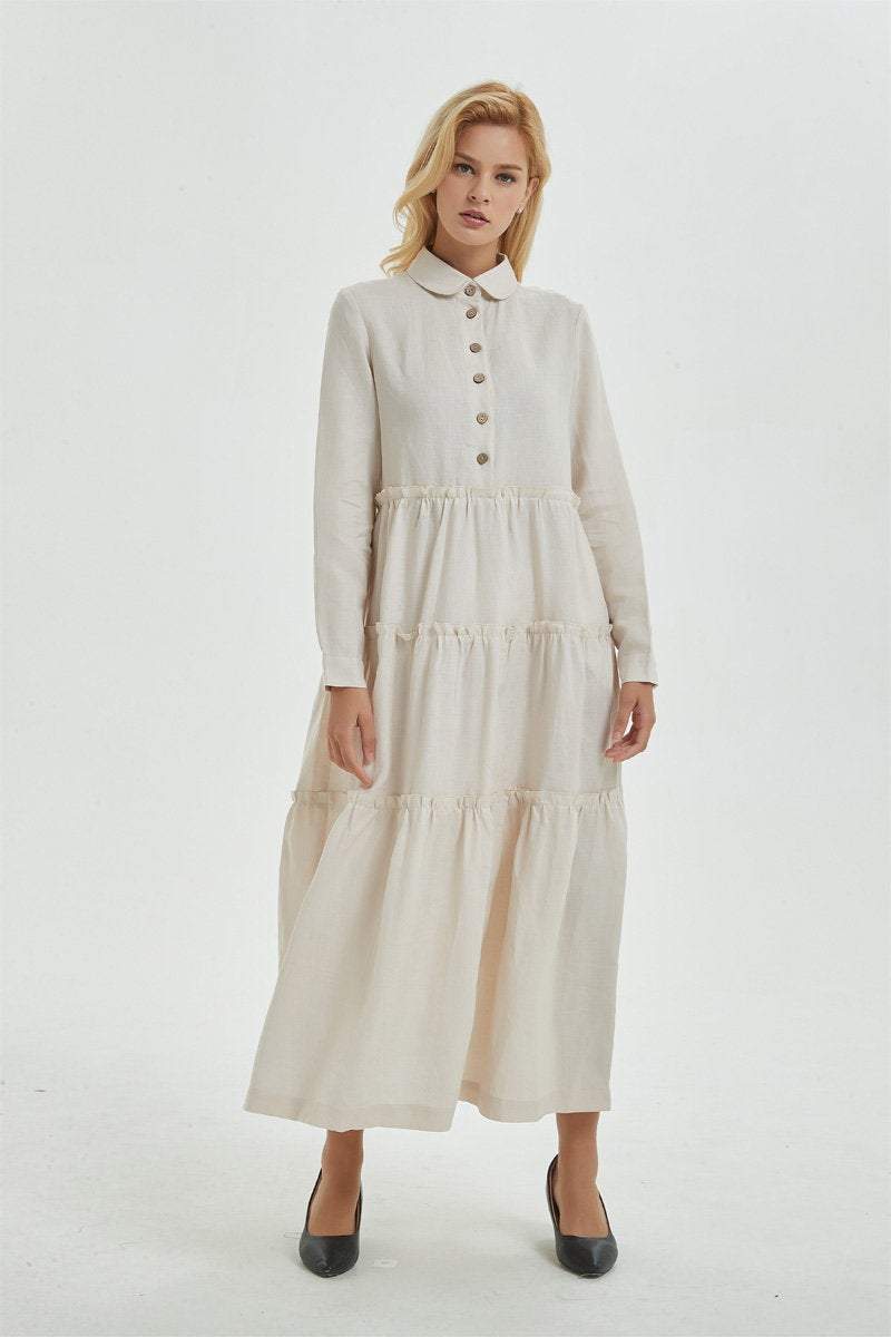 Beige linen dress with pockets, long dress with classic shirt collar & long sleeves, loose and casual dress, maxi retro dress for her C1274