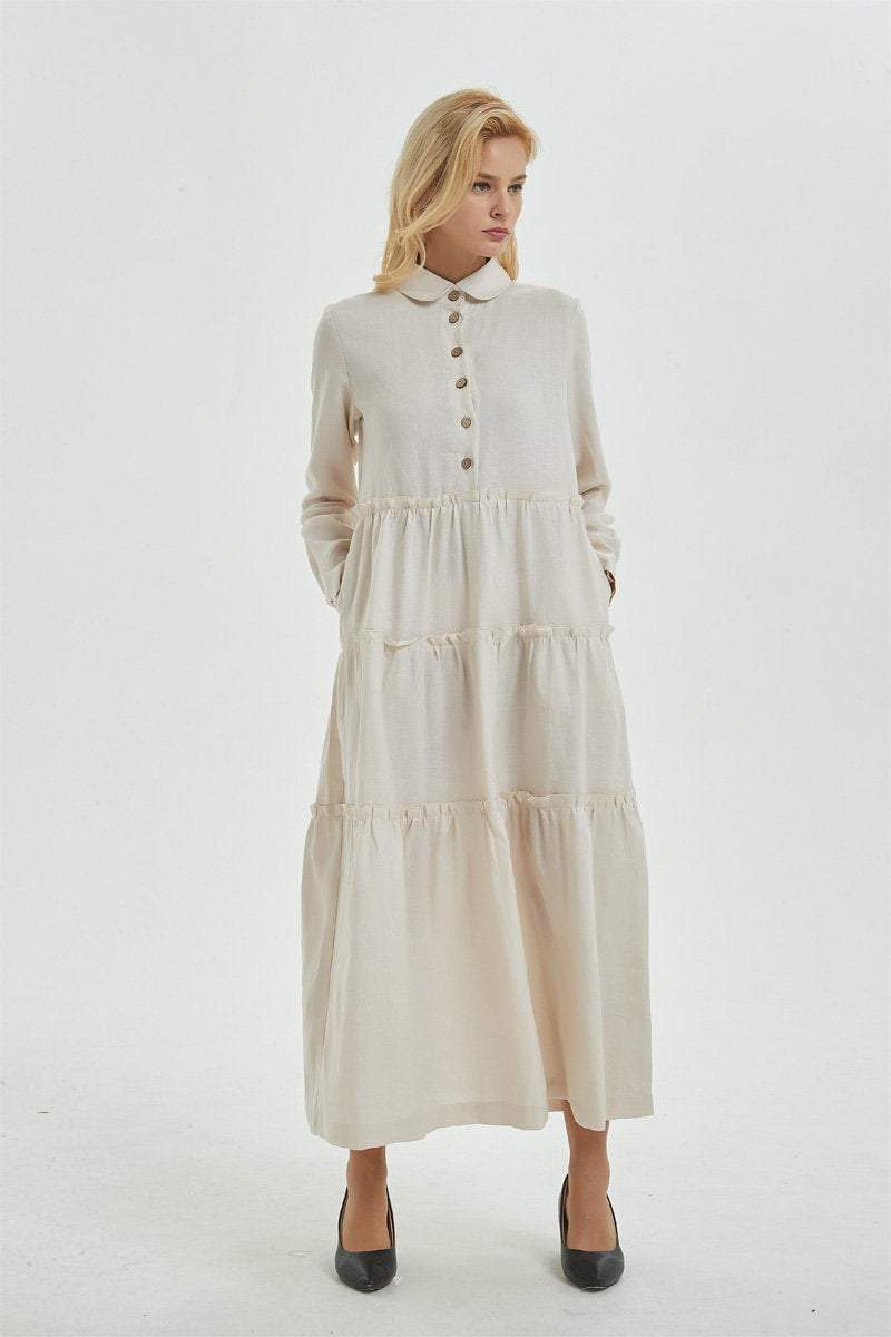 Beige linen dress with pockets, long dress with classic shirt collar & long sleeves, loose and casual dress, maxi retro dress for her C1274