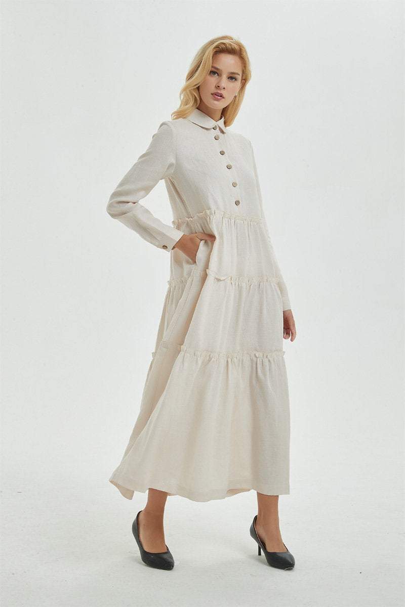Beige linen dress with pockets, long dress with classic shirt collar & long sleeves, loose and casual dress, maxi retro dress for her C1274
