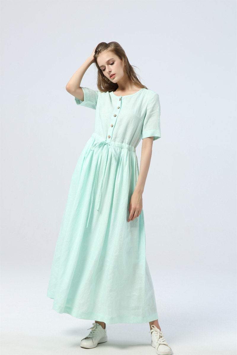 mint green dress, long linen dress for summer, drawstring skirt with buttons, women's dress with pockets - maxi dress & gift for her C1284