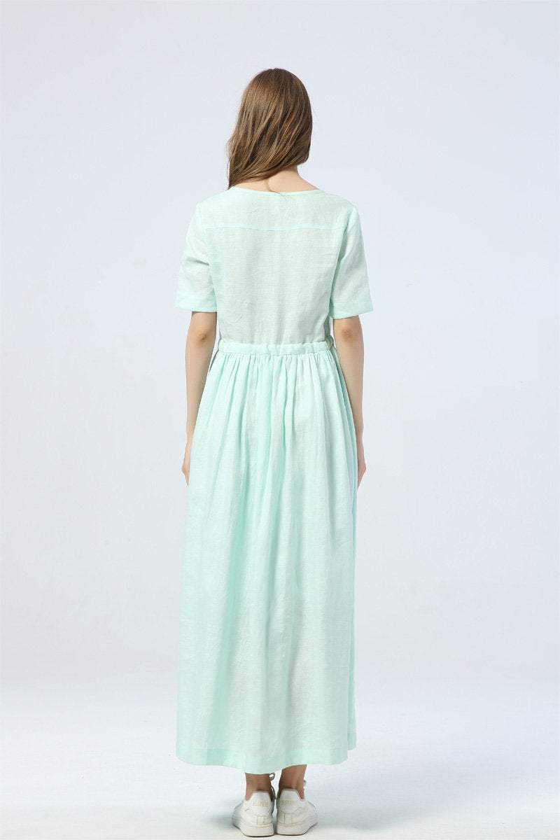 mint green dress, long linen dress for summer, drawstring skirt with buttons, women's dress with pockets - maxi dress & gift for her C1284