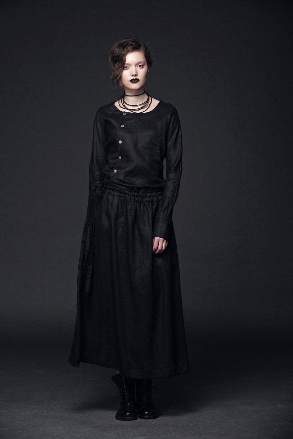 Modern Linen Dress, maxi dress pockets, womens dresses, black dress, Drawstring dress, long sleeved dress, fall dress, handmade dress(C507)