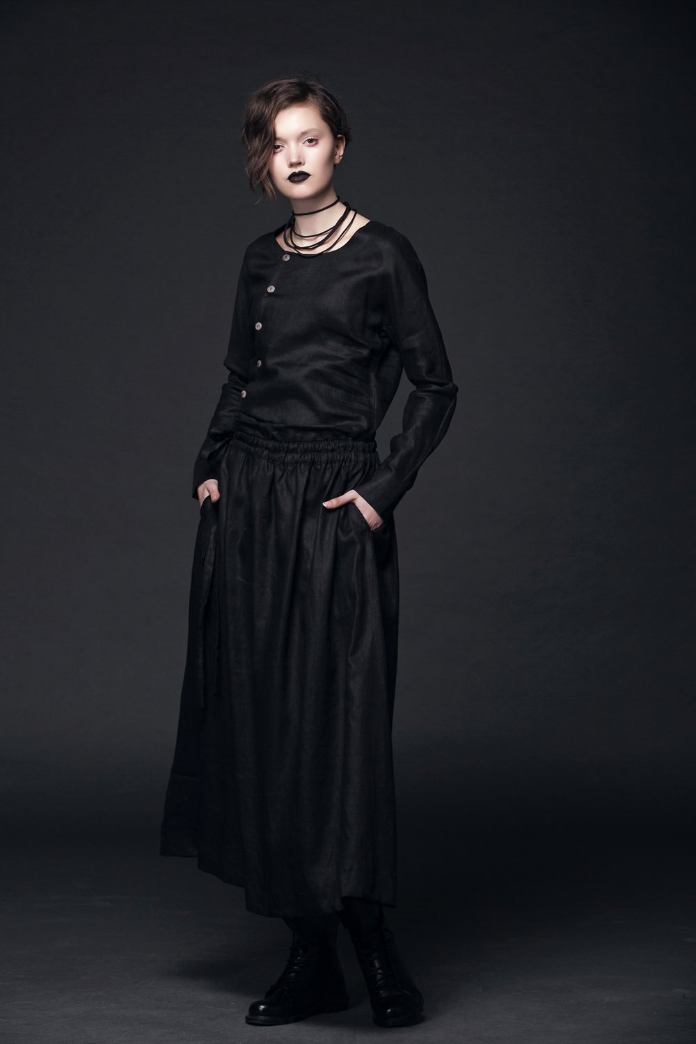 Modern Linen Dress, maxi dress pockets, womens dresses, black dress, Drawstring dress, long sleeved dress, fall dress, handmade dress(C507)