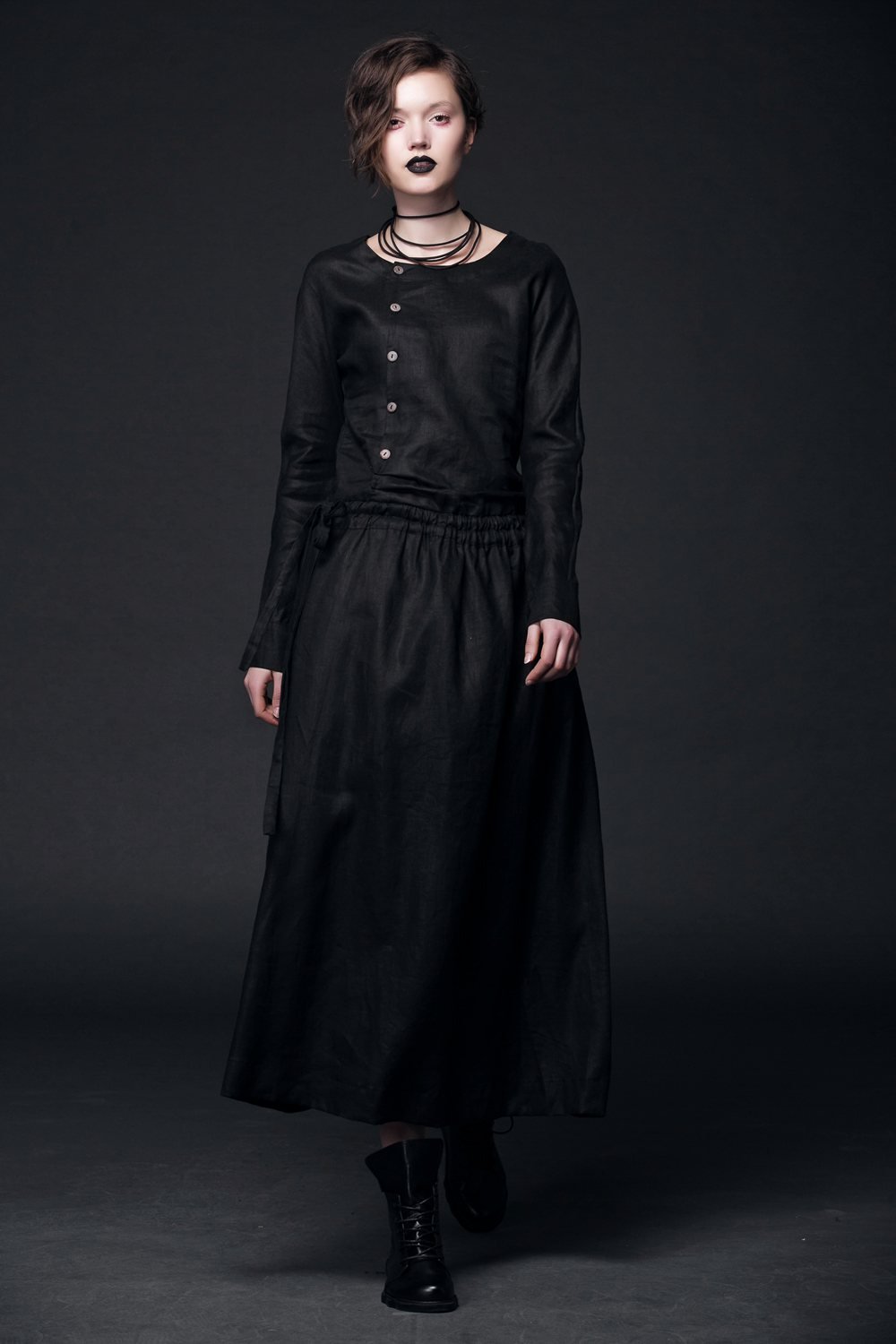Modern Linen Dress, maxi dress pockets, womens dresses, black dress, Drawstring dress, long sleeved dress, fall dress, handmade dress(C507)