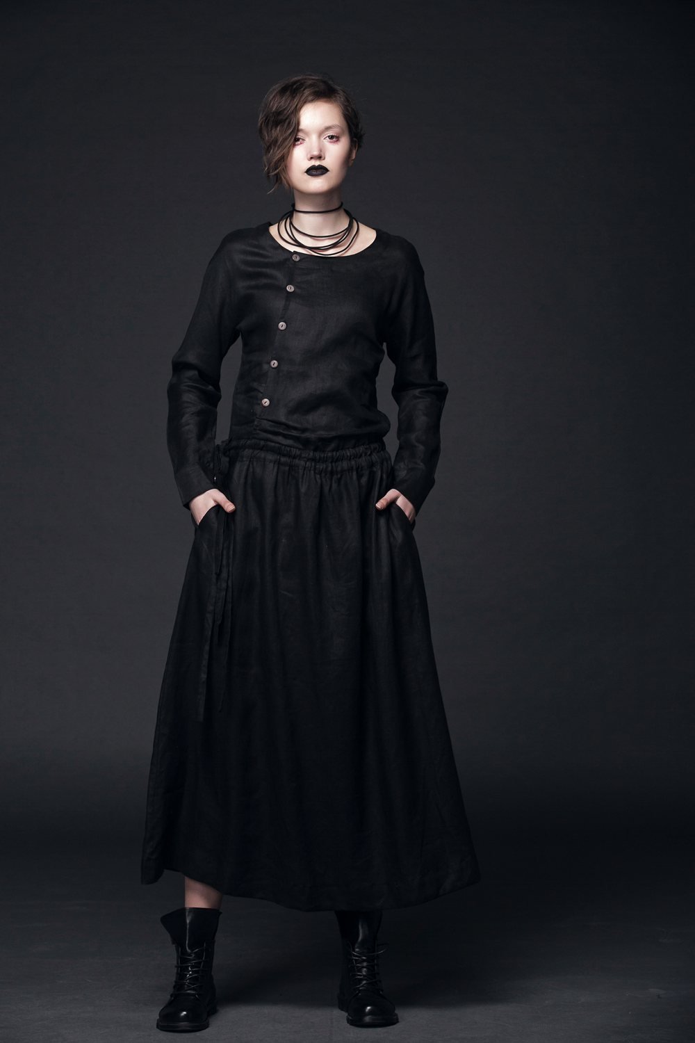 Modern Linen Dress, maxi dress pockets, womens dresses, black dress, Drawstring dress, long sleeved dress, fall dress, handmade dress(C507)