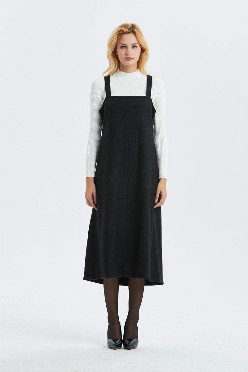 Long black dress, wool sleeveless dress- pinafore wool dress for women, midi loose & pleated dress-winter fashion dress, C1300