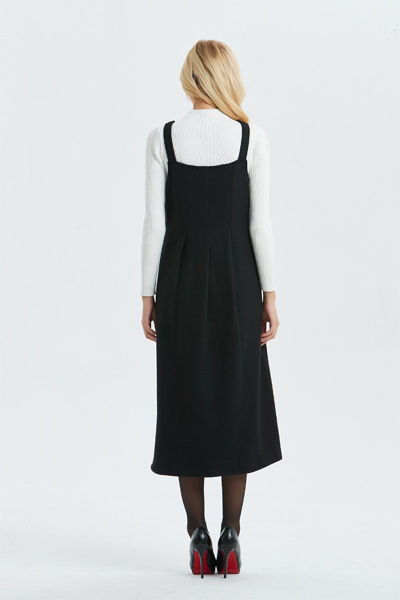 Long black dress, wool sleeveless dress- pinafore wool dress for women, midi loose & pleated dress-winter fashion dress, C1300