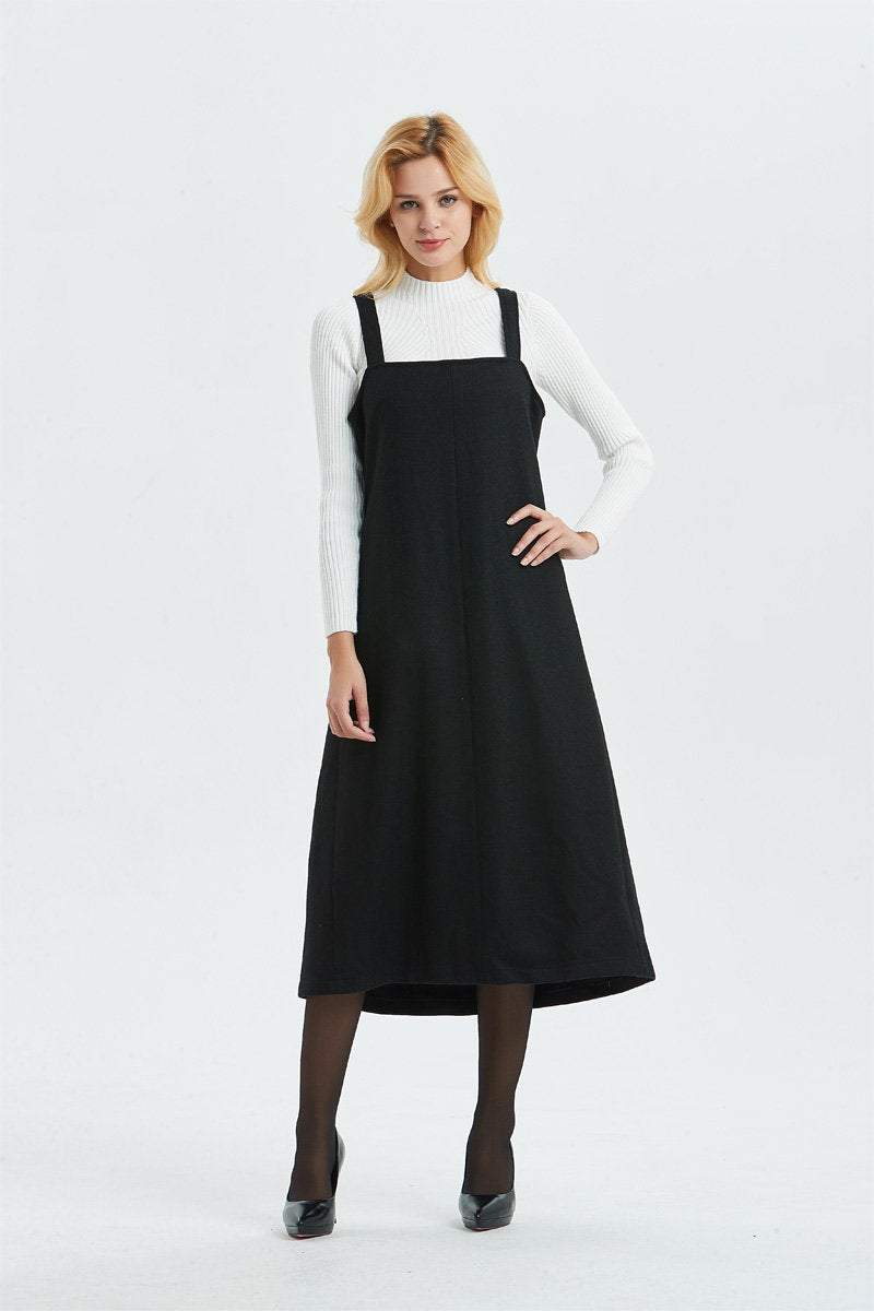 Long black dress, wool sleeveless dress- pinafore wool dress for women, midi loose & pleated dress-winter fashion dress, C1300